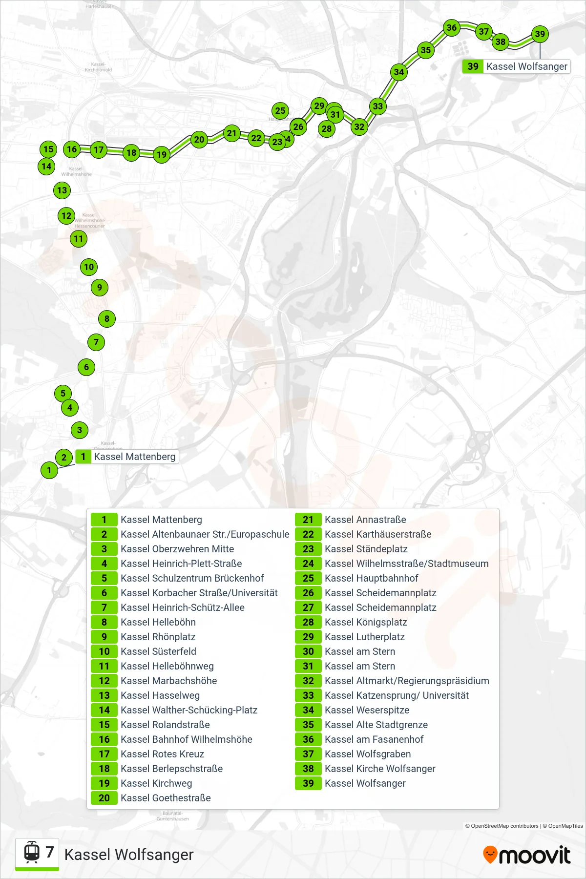 7 light rail Line (Kassel Wolfsanger) route and stops on a map