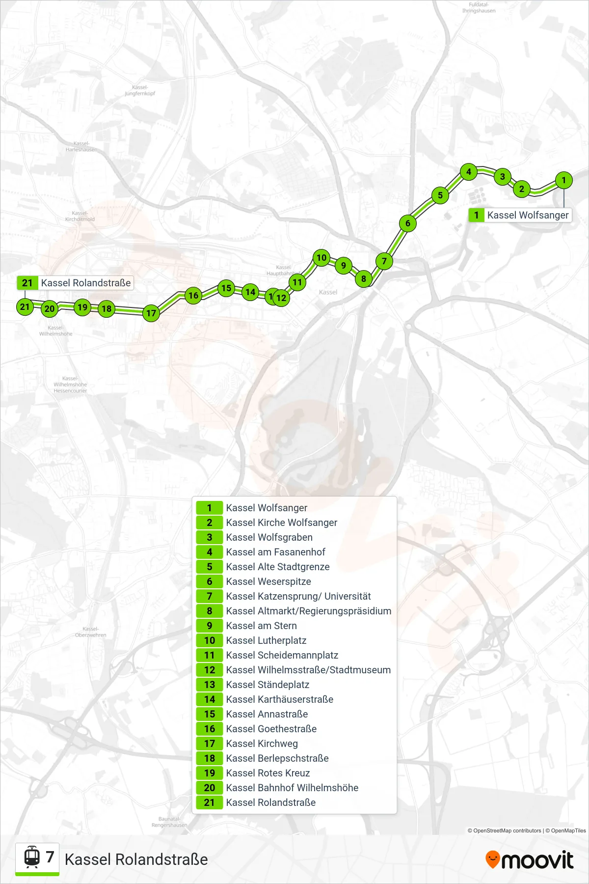 7 light rail Line (Kassel Rolandstraße) route and stops on a map