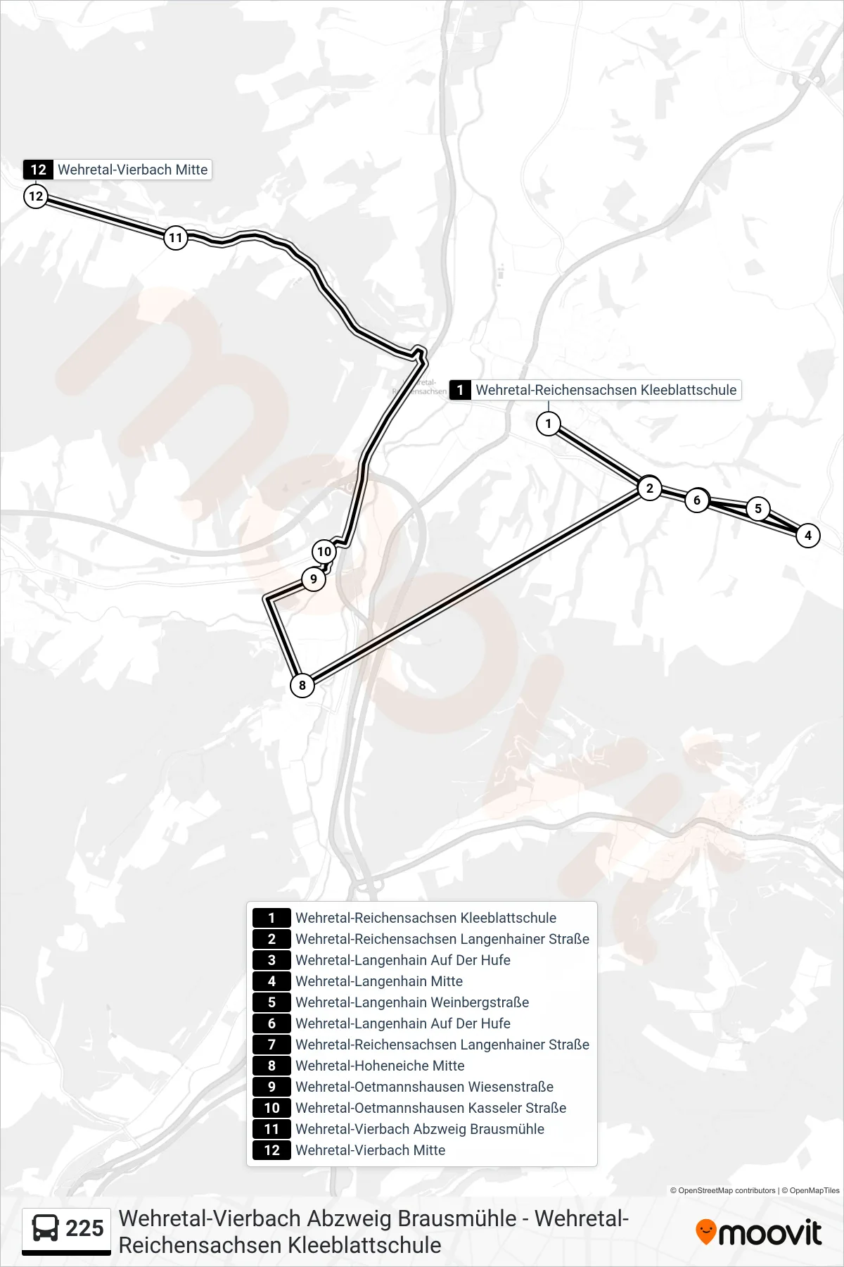 225 bus Line (Vierbach) route and stops on a map