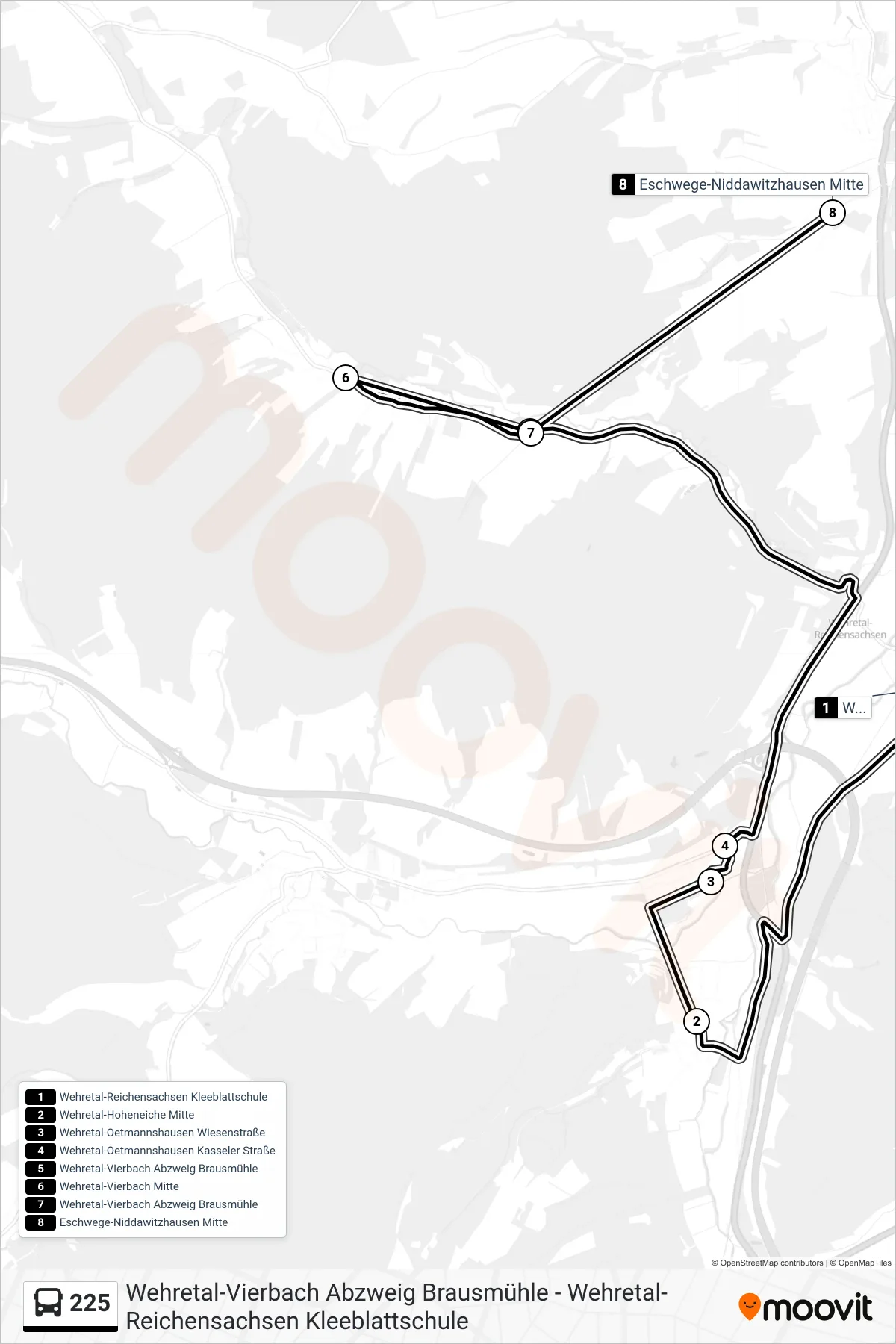 225 bus Line (Niddawitzhausen) route and stops on a map