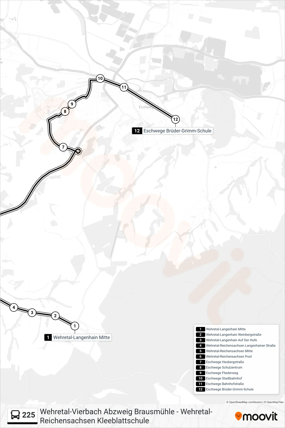 225 bus Line (Br.-Grimm Schule) route and stops on a map