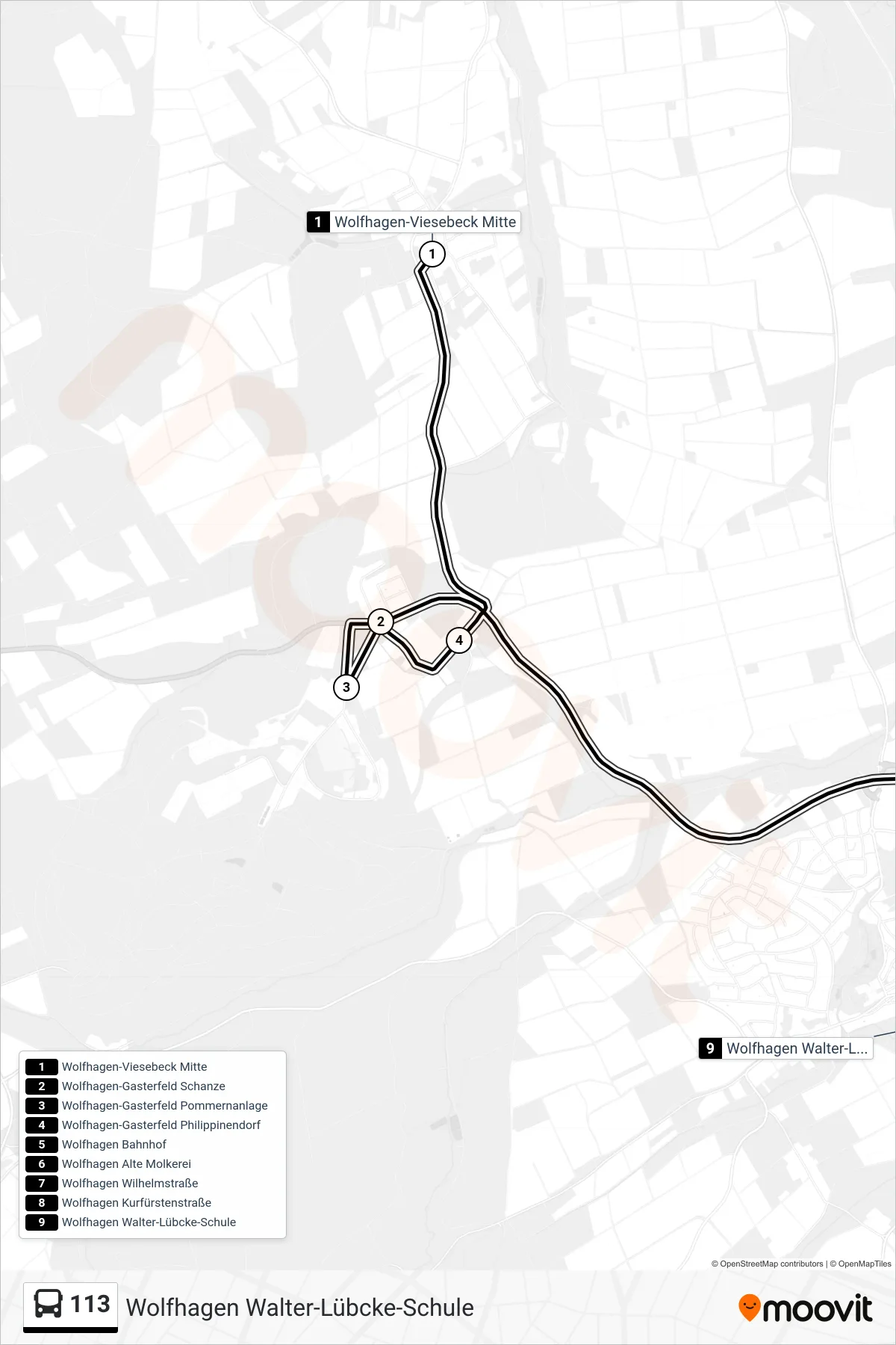 113 bus Line (Wolfhagen Walter-Lübcke-Schule) route and stops on a map