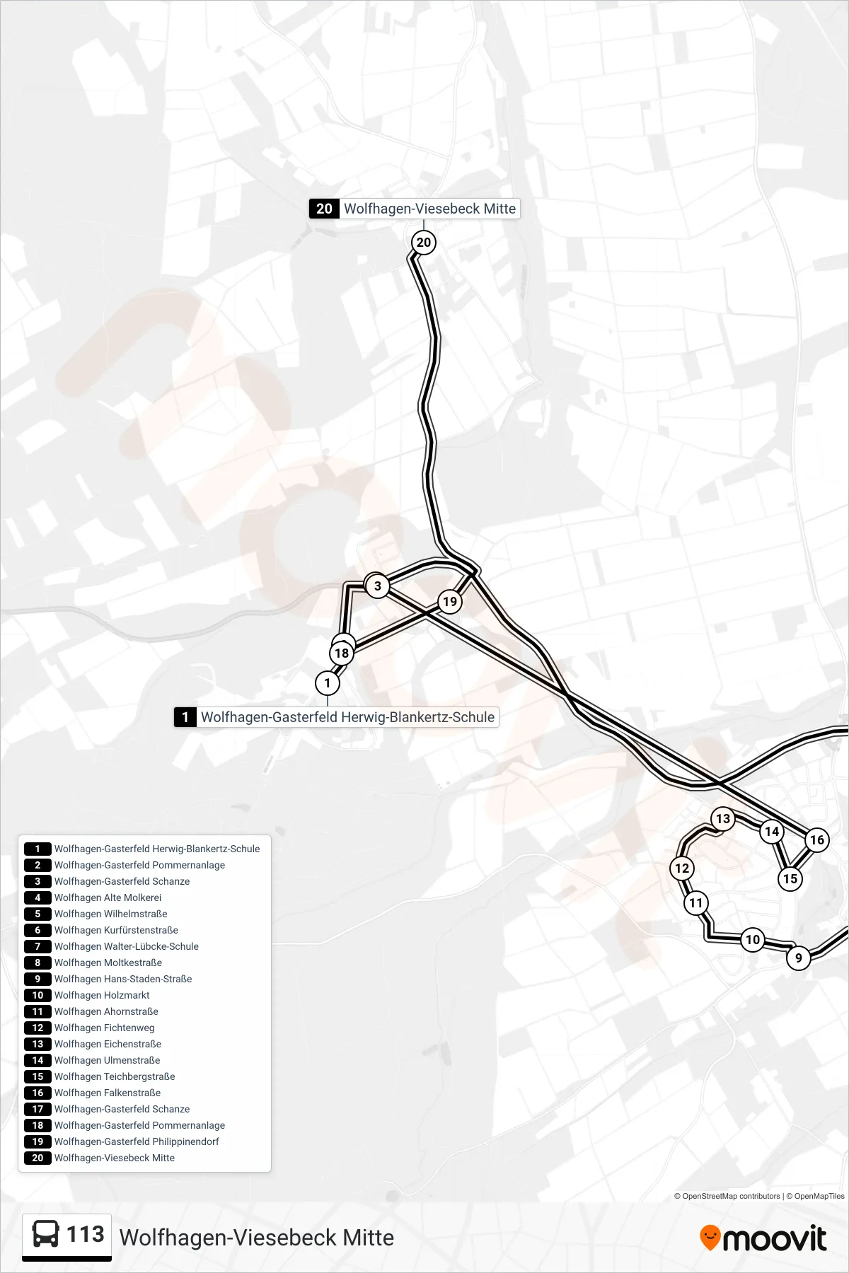 113 bus Line (Wolfhagen-Viesebeck Mitte) route and stops on a map