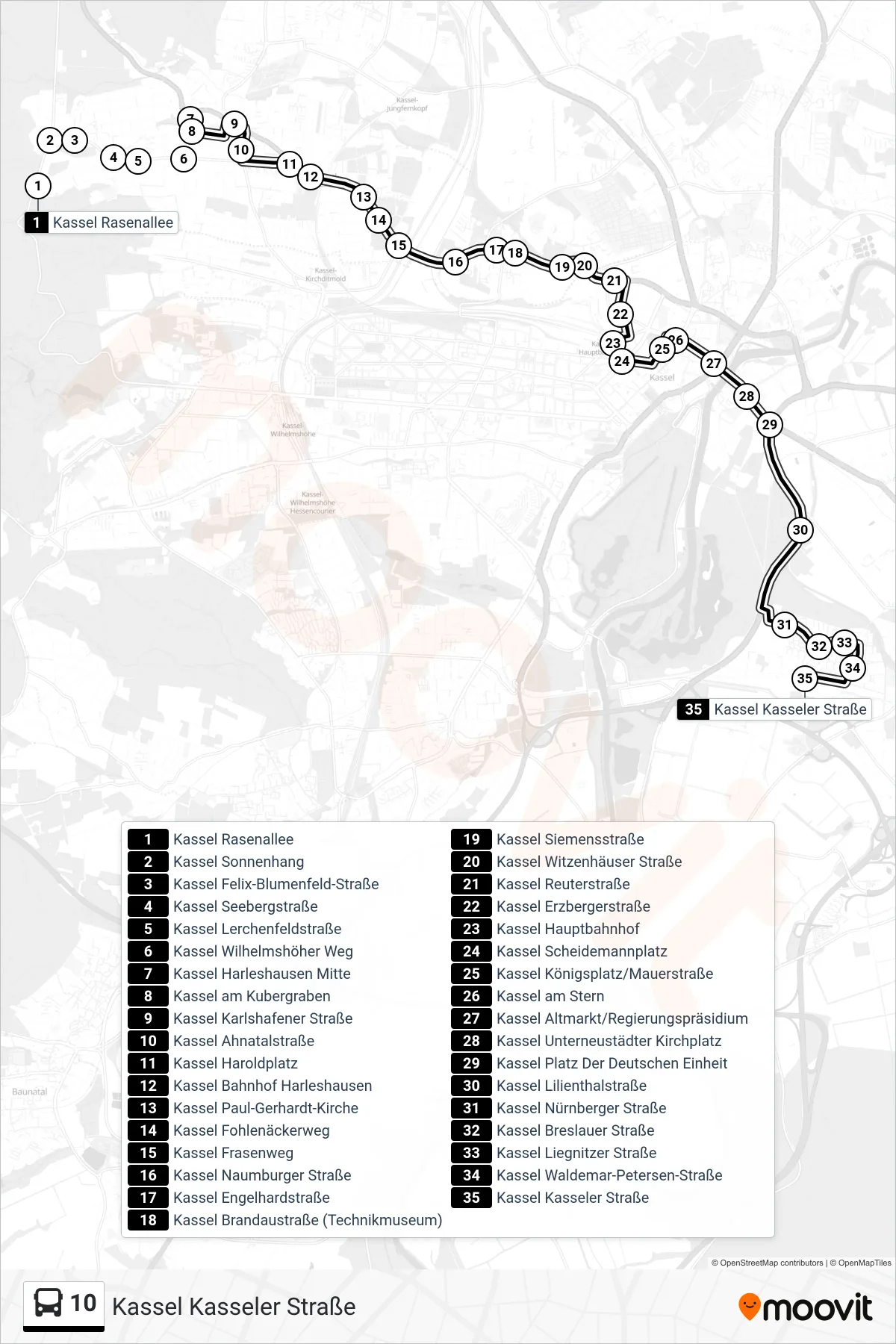 10 bus Line (Kassel Kasseler Straße) route and stops on a map