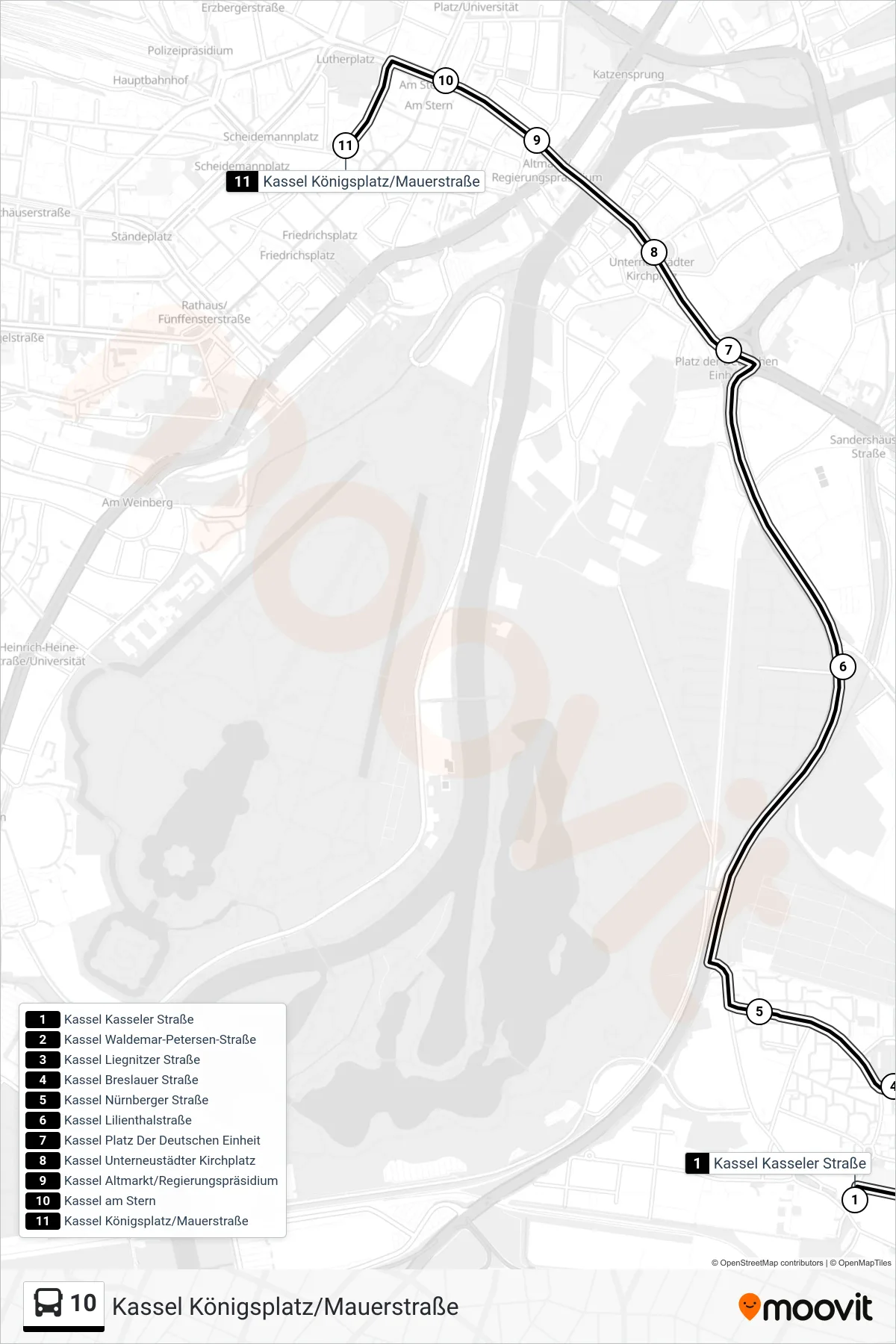 10 bus Line (Kassel Königsplatz/Mauerstraße) route and stops on a map