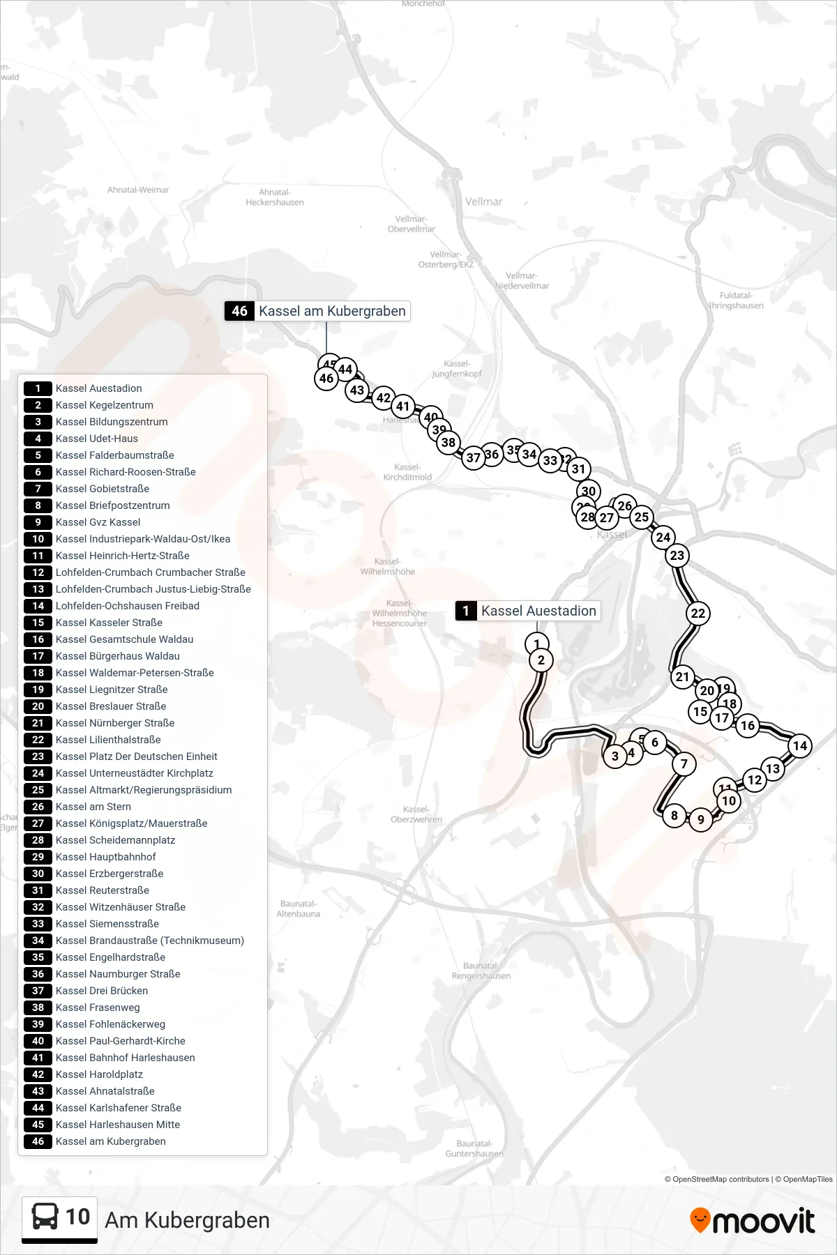 10 bus Line (Am Kubergraben) route and stops on a map
