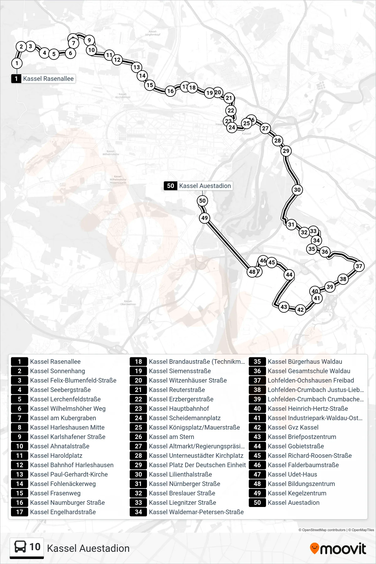 10 bus Line (Kassel Auestadion) route and stops on a map