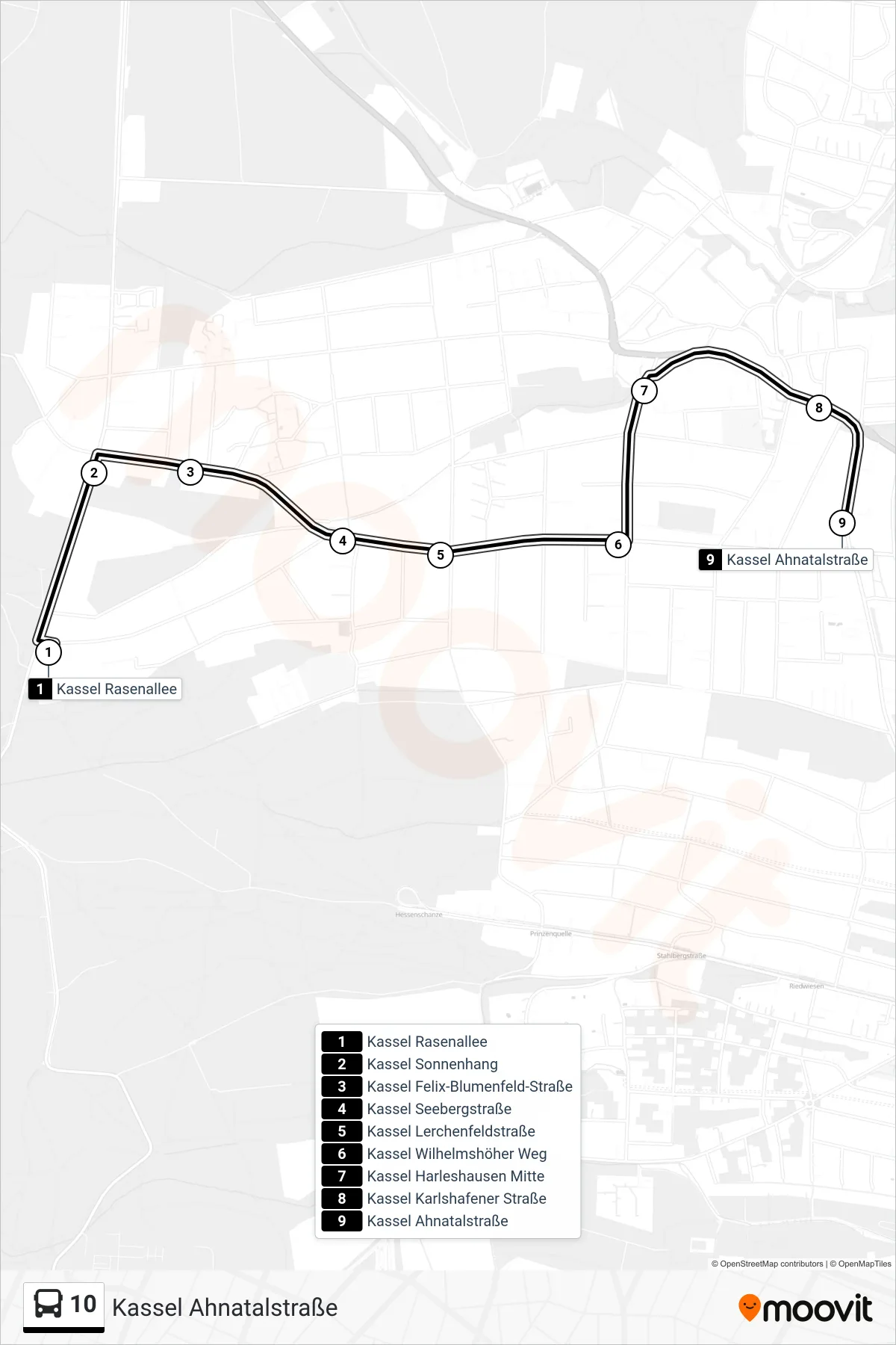 10 bus Line (Kassel Ahnatalstraße) route and stops on a map