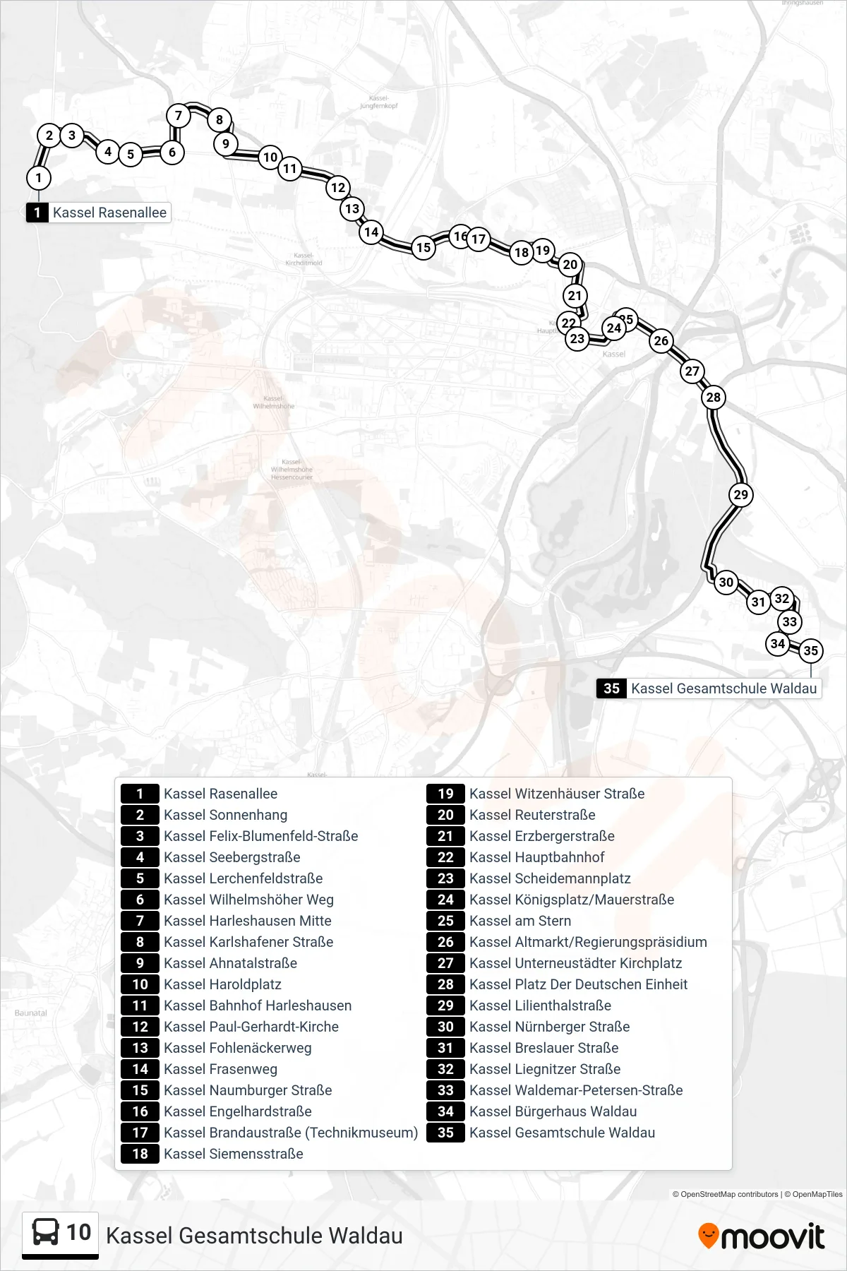10 bus Line (Kassel Gesamtschule Waldau) route and stops on a map