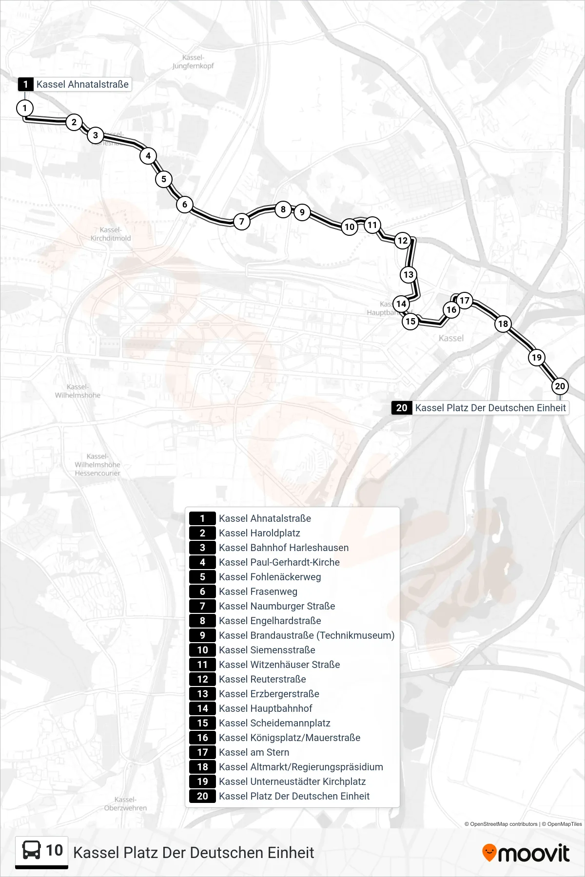10 bus Line (Kassel Platz Der Deutschen Einheit) route and stops on a map