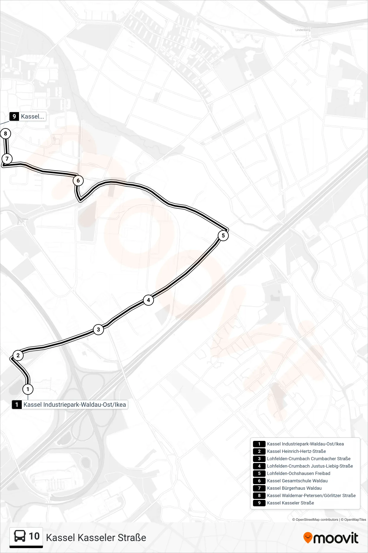 10 bus Line (Kassel Kasseler Straße) route and stops on a map