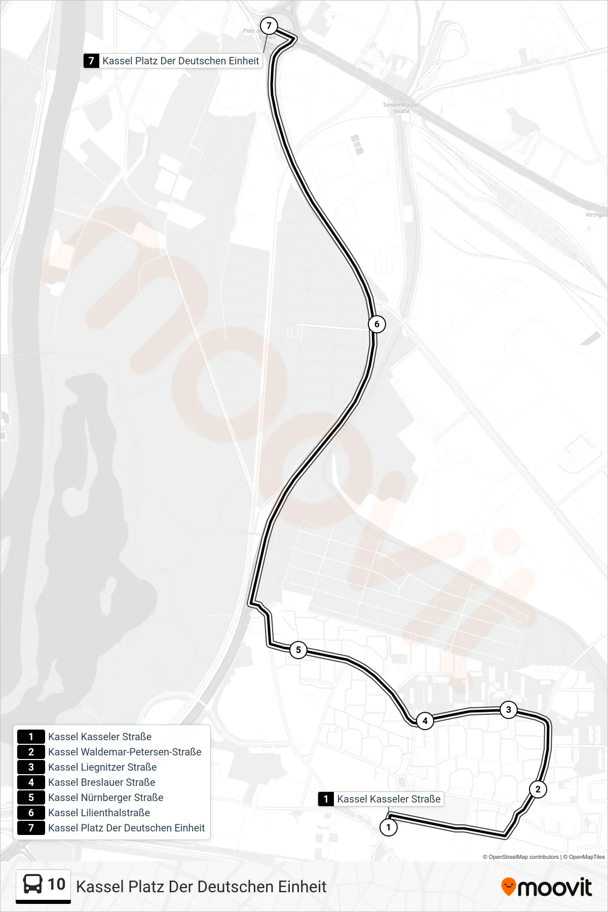 10 bus Line (Kassel Platz Der Deutschen Einheit) route and stops on a map
