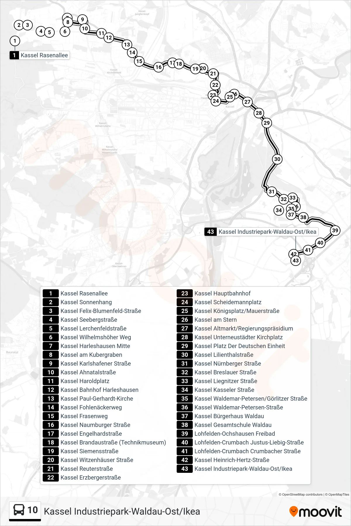 10 bus Line (Kassel Industriepark-Waldau-Ost/Ikea) route and stops on a map
