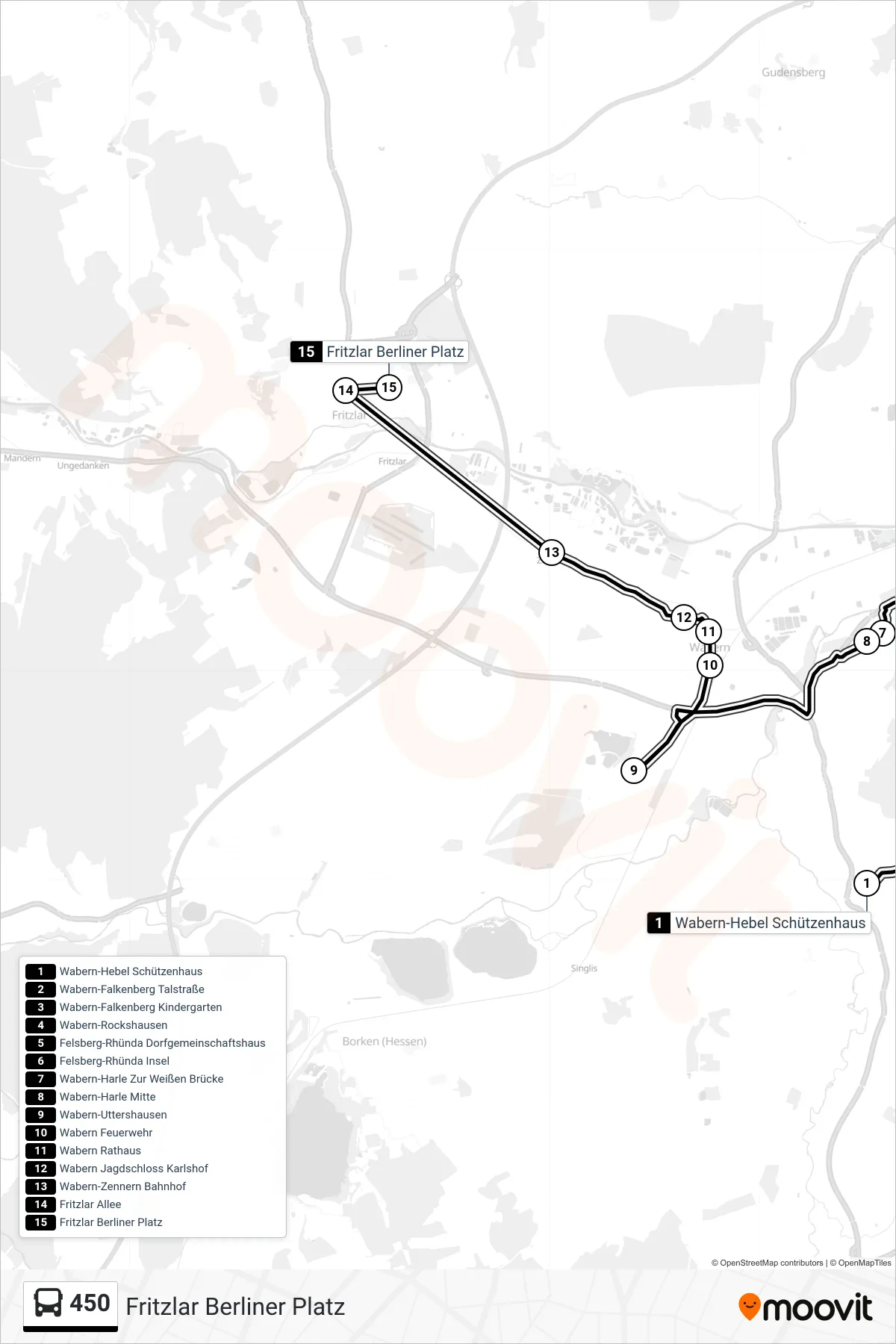 450 bus Line (Fritzlar Berliner Platz) route and stops on a map