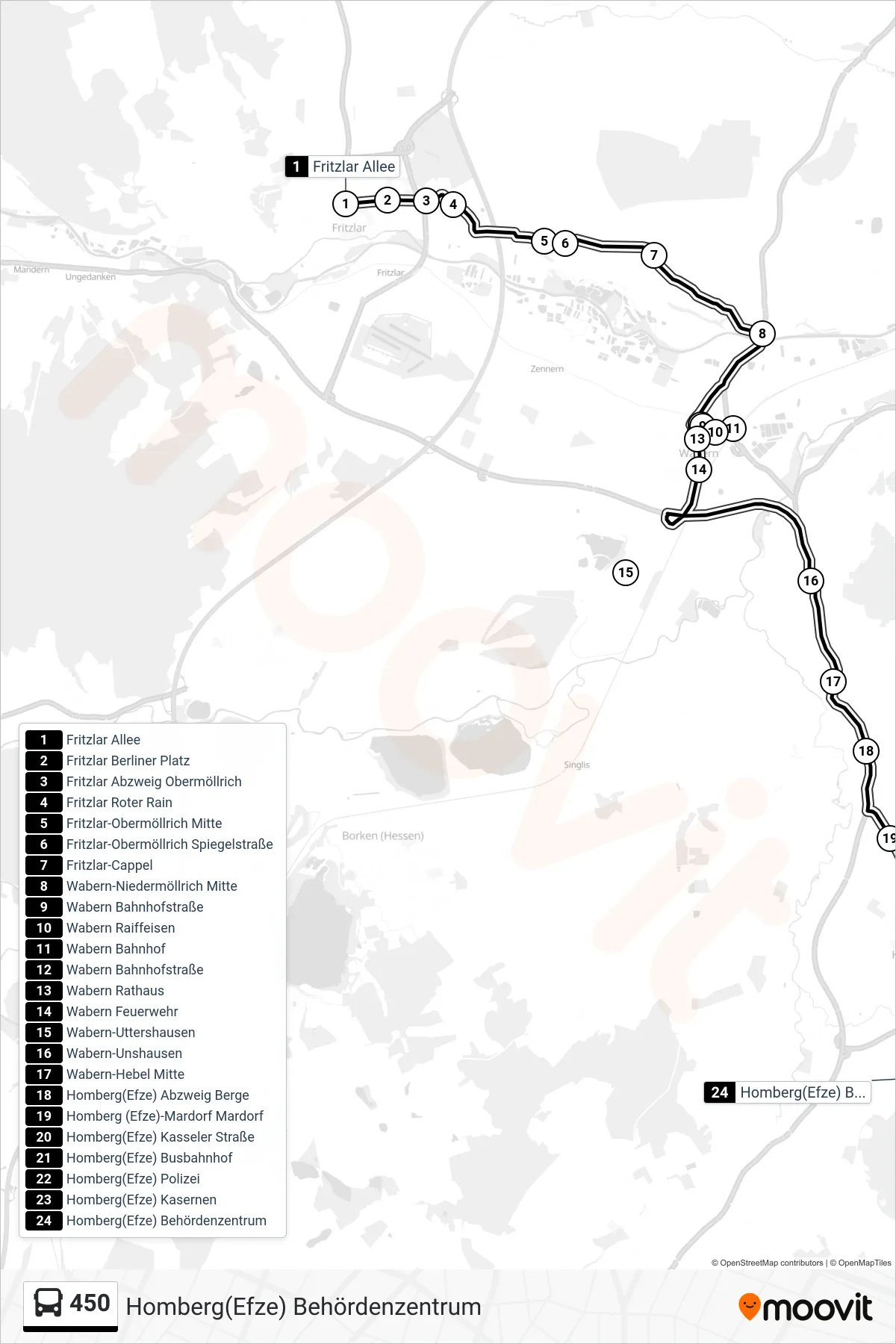 450 bus Line (Homberg(Efze) Behördenzentrum) route and stops on a map