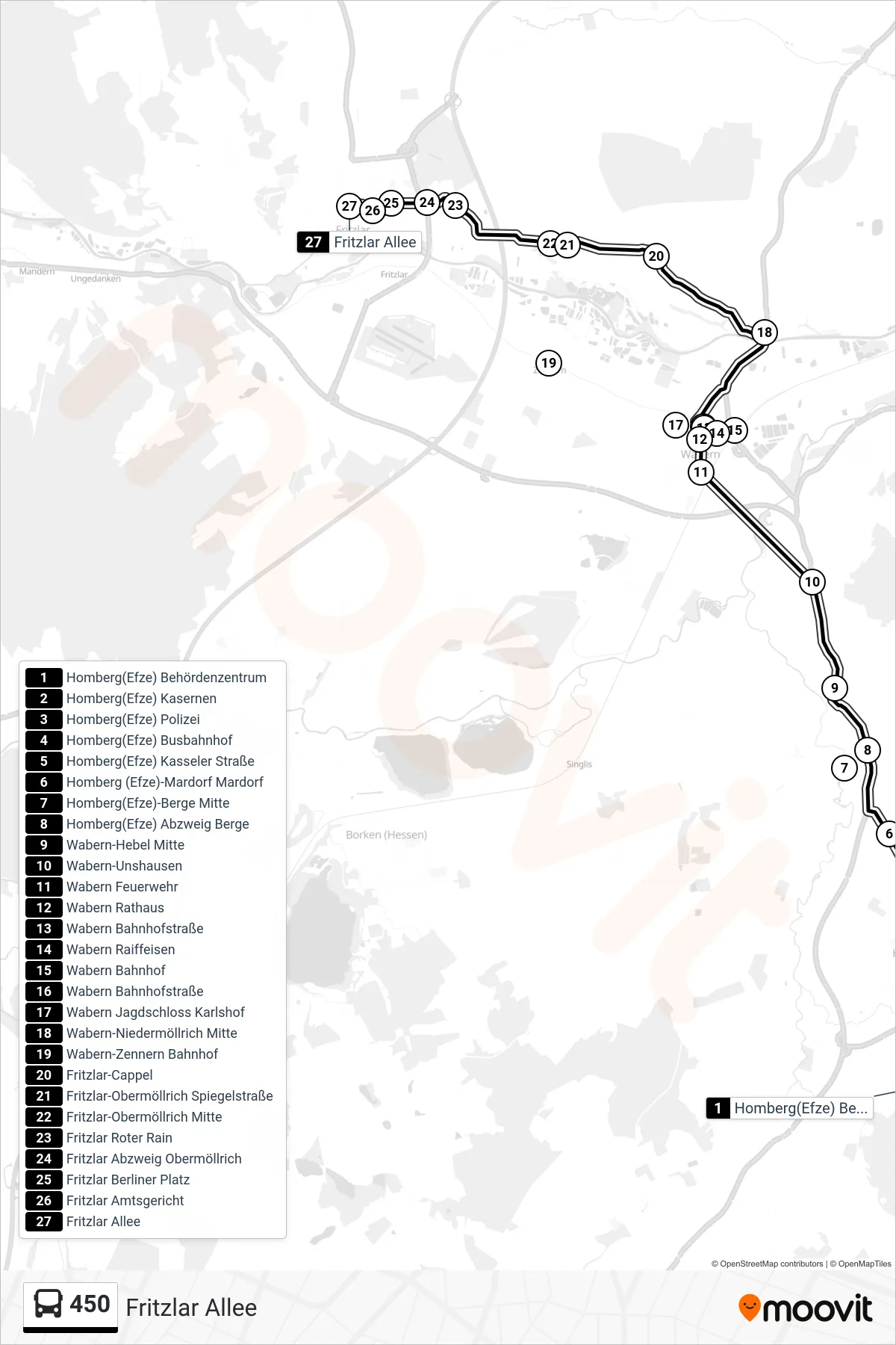 450 bus Line (Fritzlar Allee) route and stops on a map