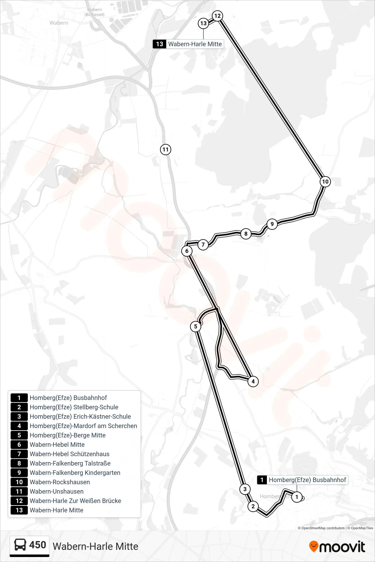 450 bus Line (Wabern-Harle Mitte) route and stops on a map