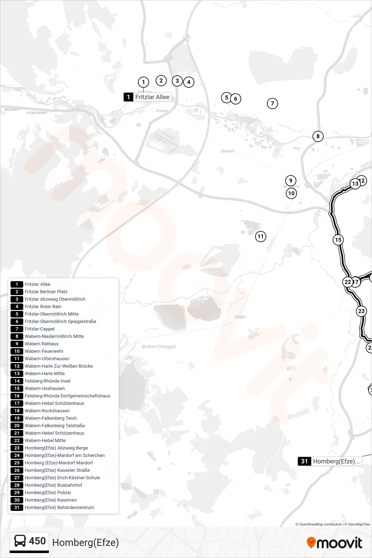450 bus Line (Homberg(Efze)) route and stops on a map