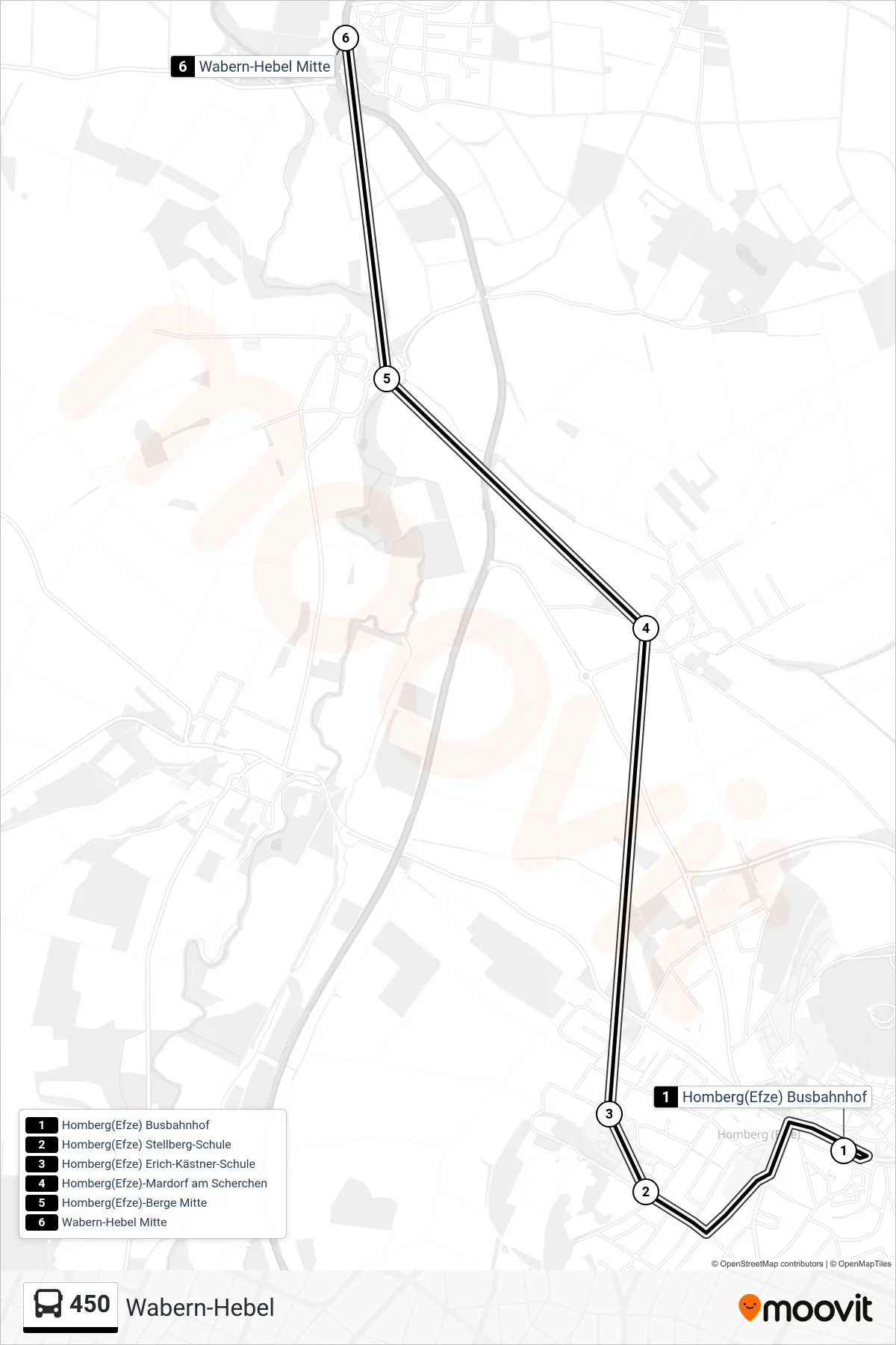 450 bus Line (Wabern-Hebel) route and stops on a map