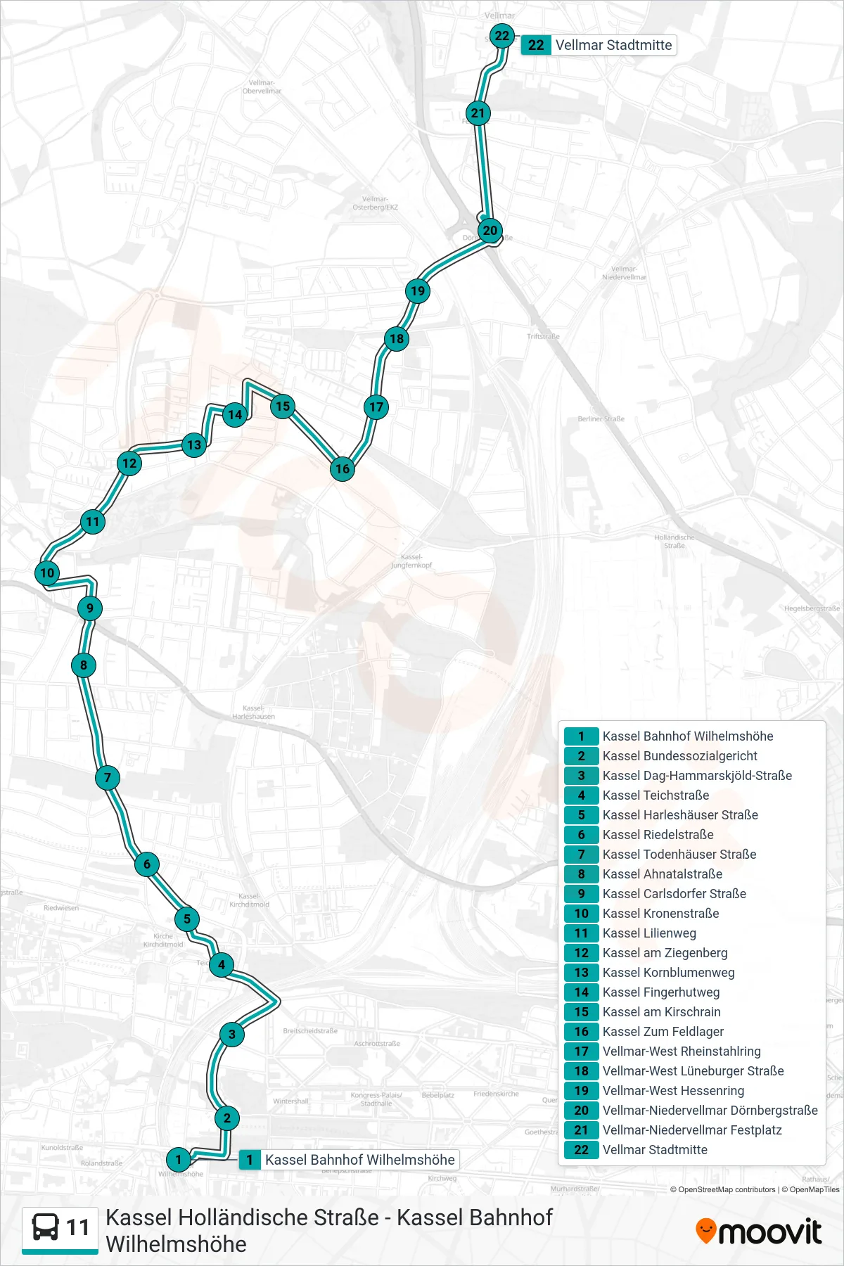 11 bus Line (Vellmar Stadtmitte) route and stops on a map