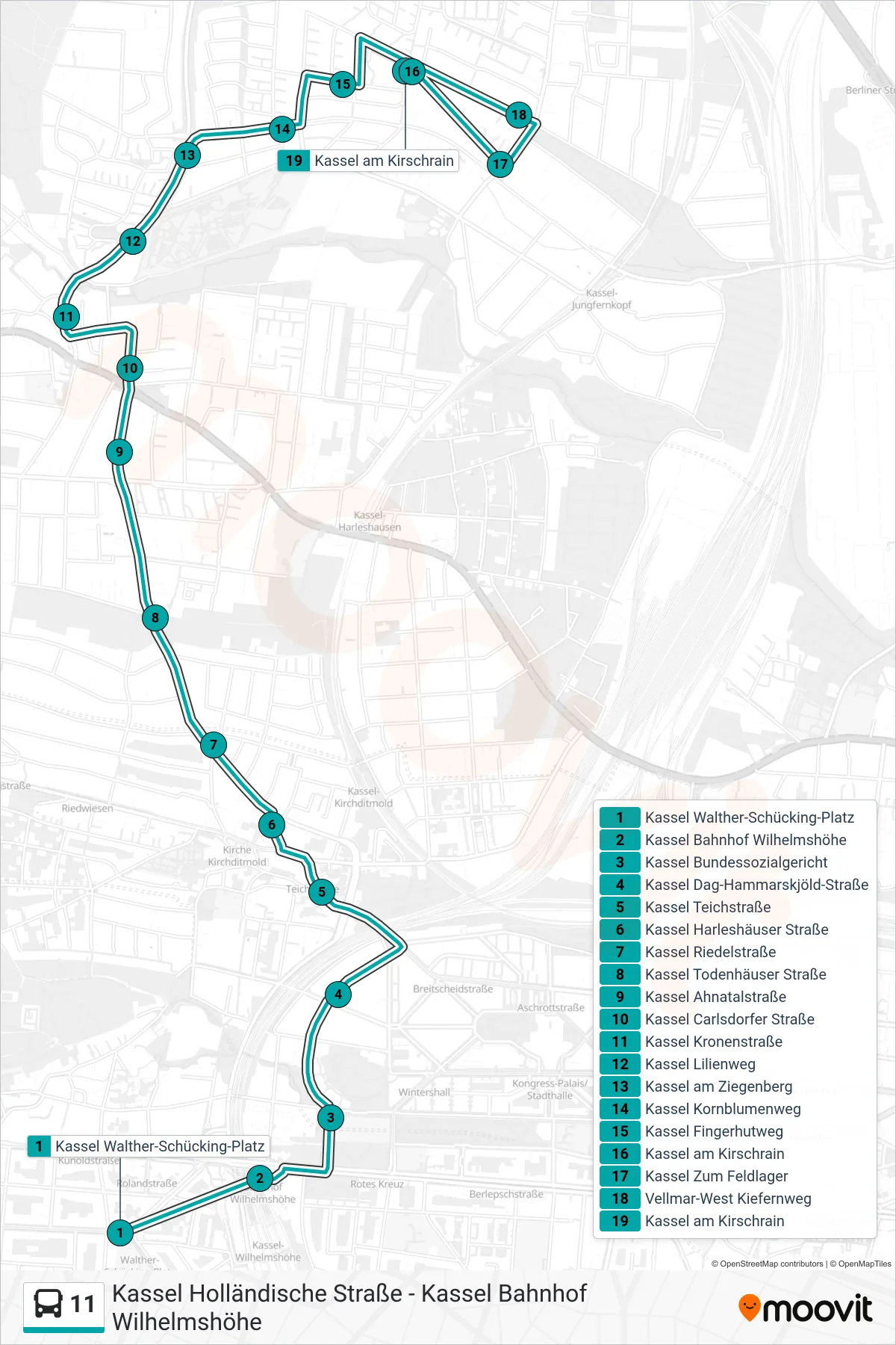 11 bus Line (Kassel am Kirschrain) route and stops on a map