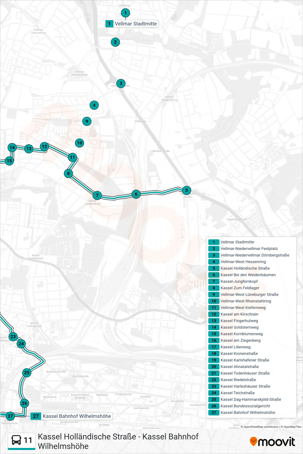 11 bus Line (Kassel Bahnhof Wilhelmshöhe) route and stops on a map