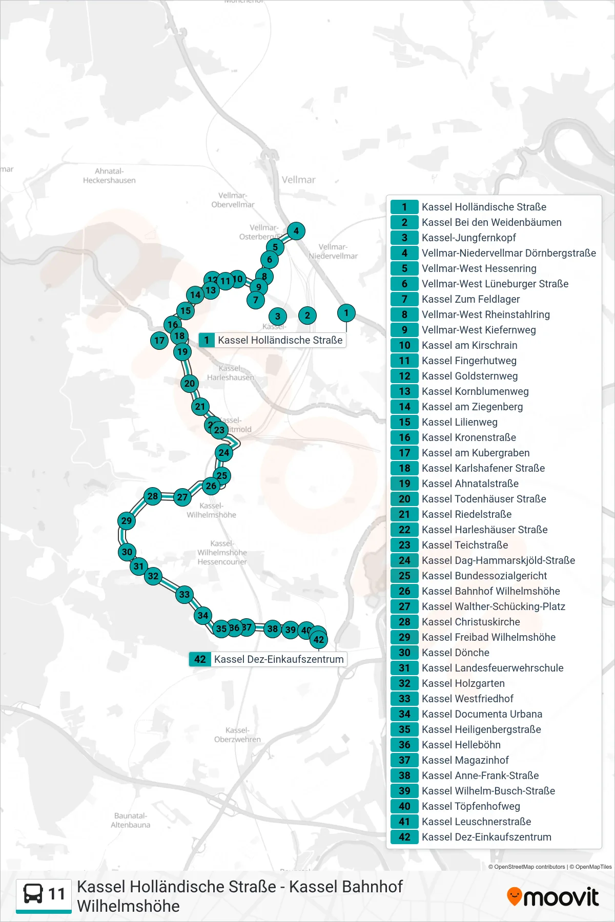 11 bus Line (Kassel Dez-Einkaufszentrum) route and stops on a map