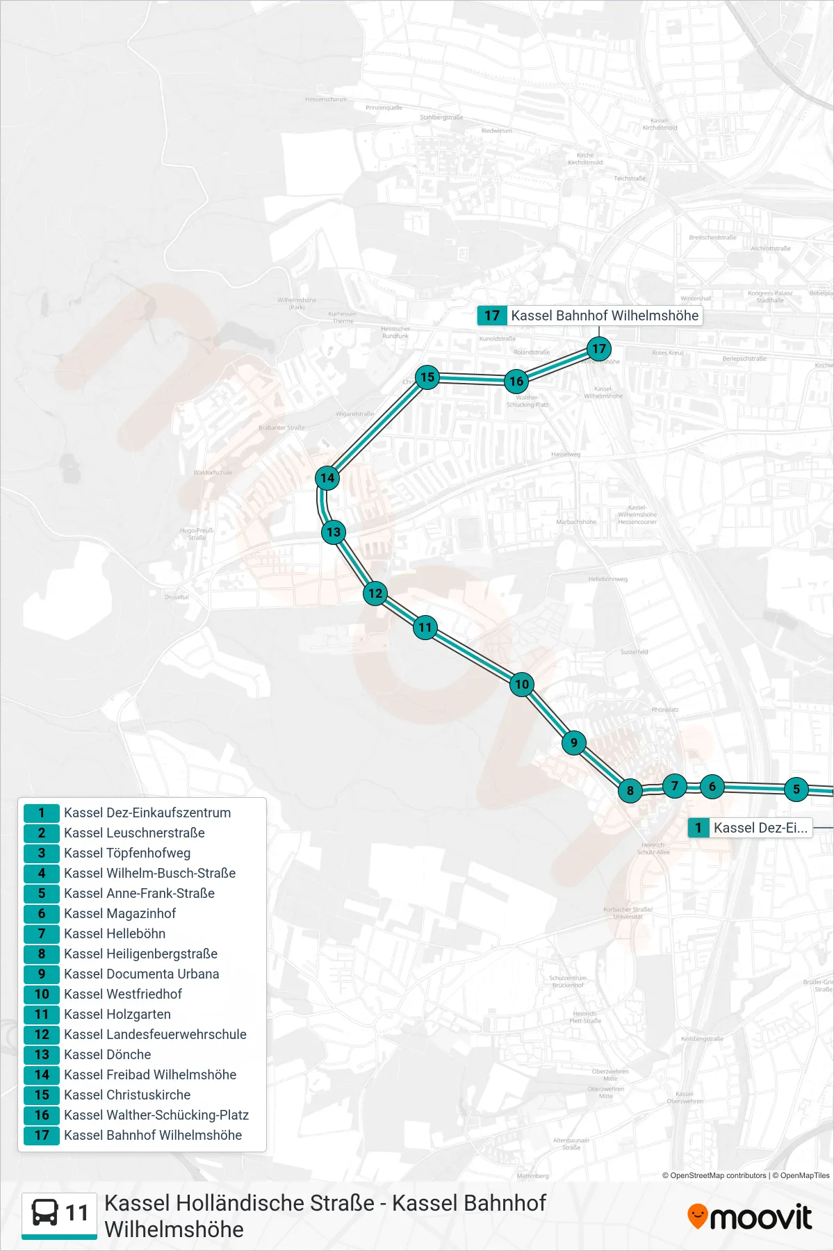 11 bus Line (Kassel Bahnhof Wilhelmshöhe) route and stops on a map