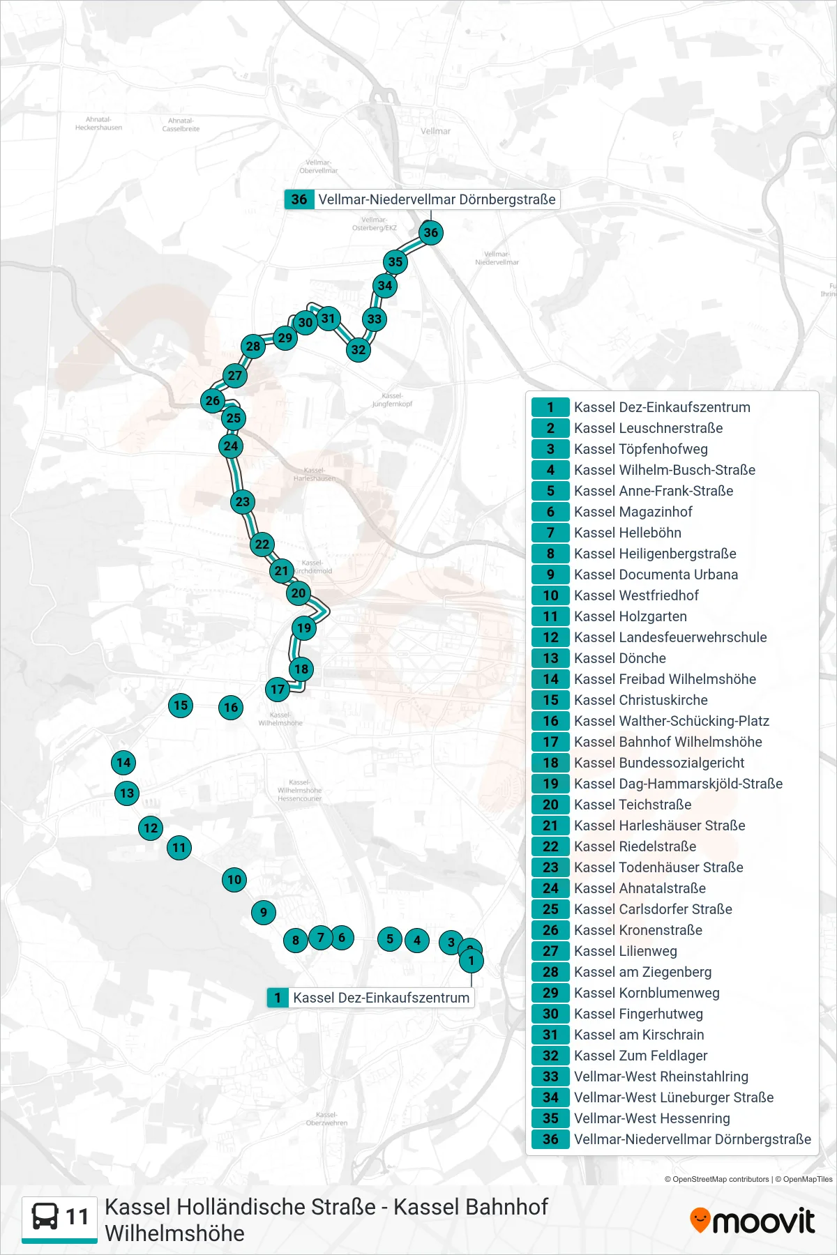 11 bus Line (Vellmar-Niedervellmar Dörnbergstraße) route and stops on a map