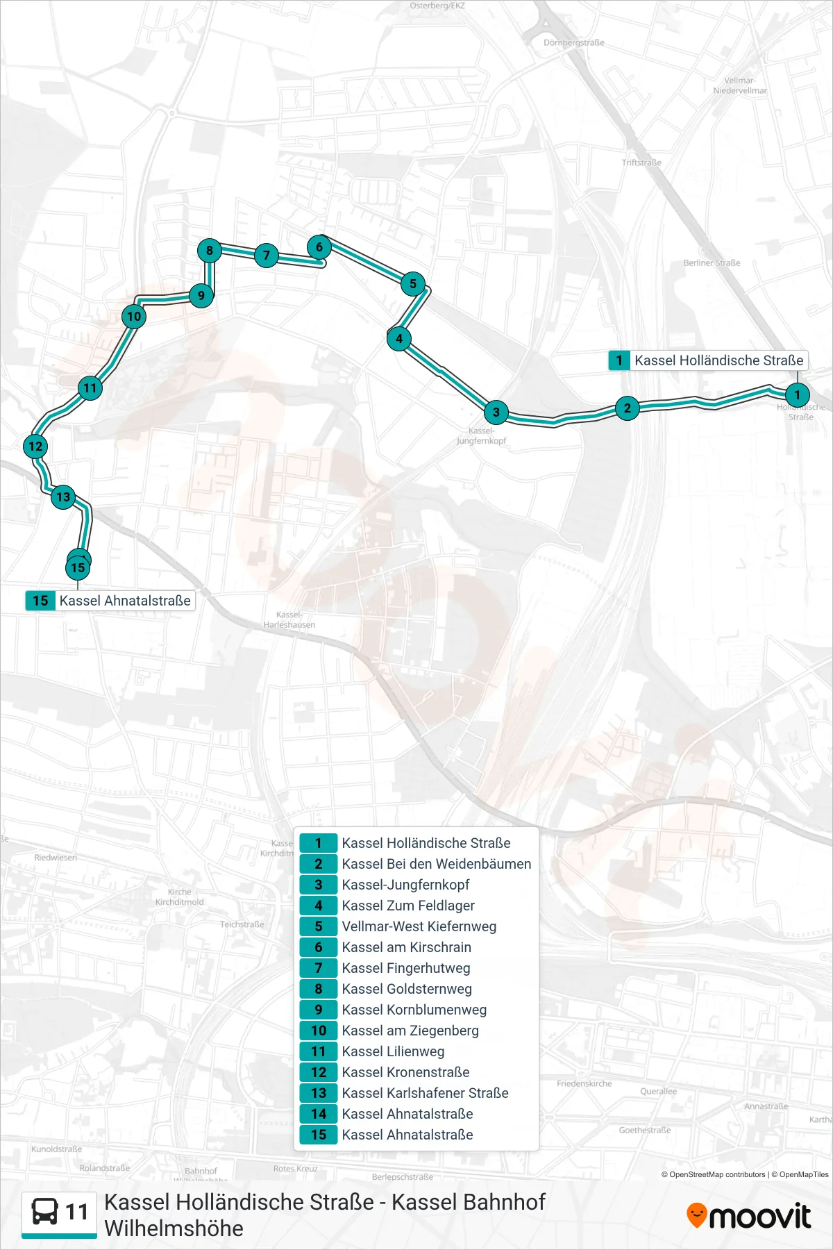 11 bus Line (Kassel Ahnatalstraße) route and stops on a map