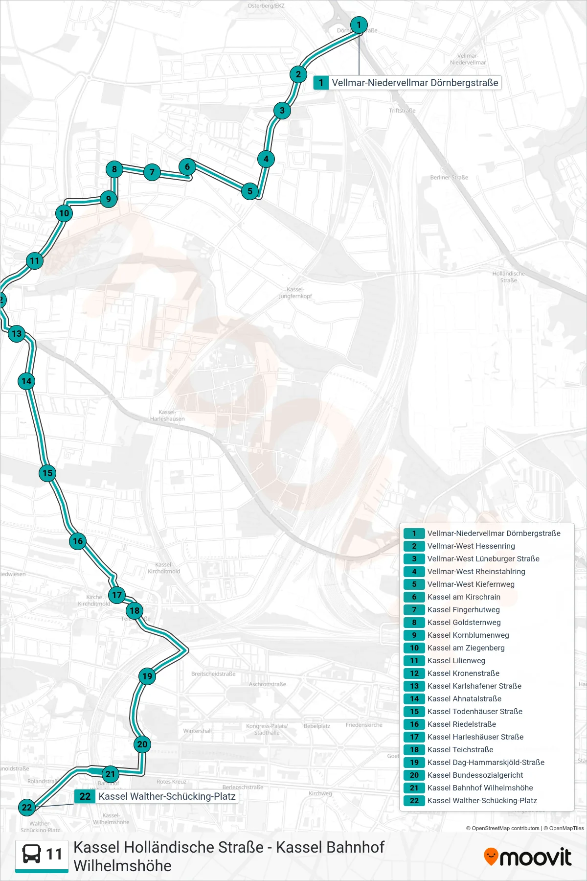 11 bus Line (Kassel Walther-Schücking-Platz) route and stops on a map