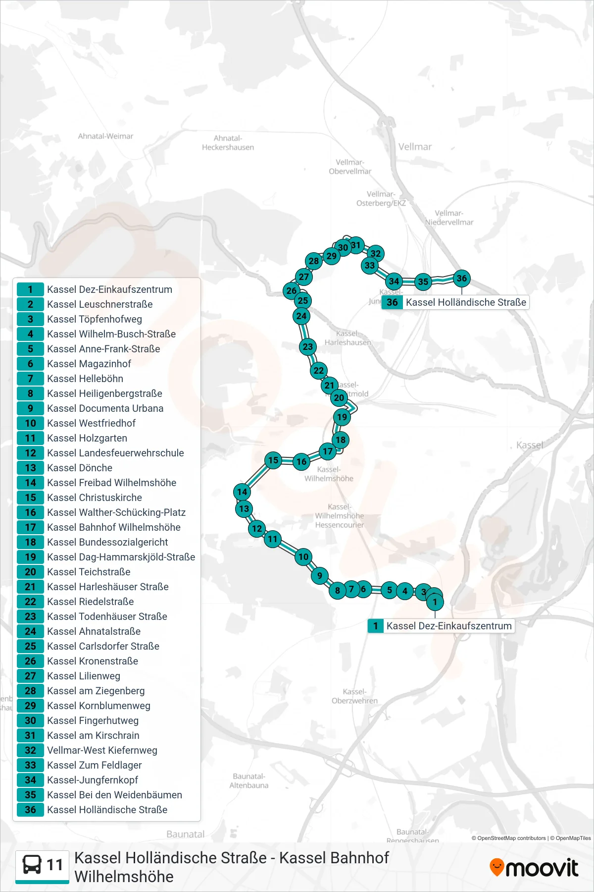 11 bus Line (Holländische Straße) route and stops on a map