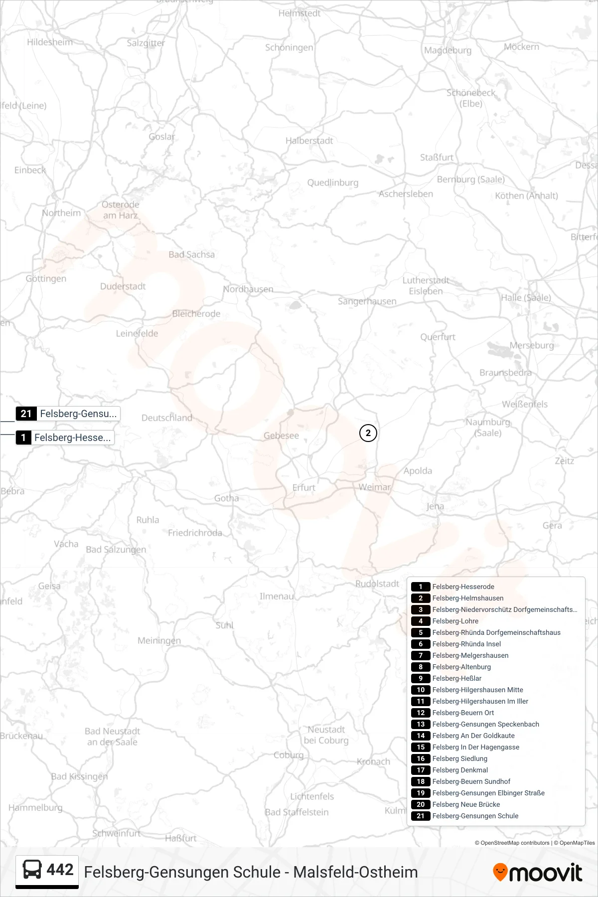 442 bus Line (Gensungen, Schule) route and stops on a map