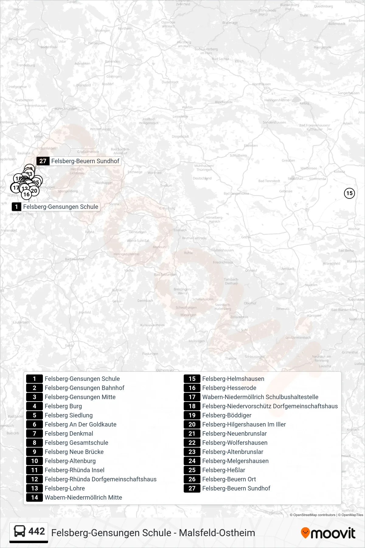 442 bus Line (Beuern) route and stops on a map