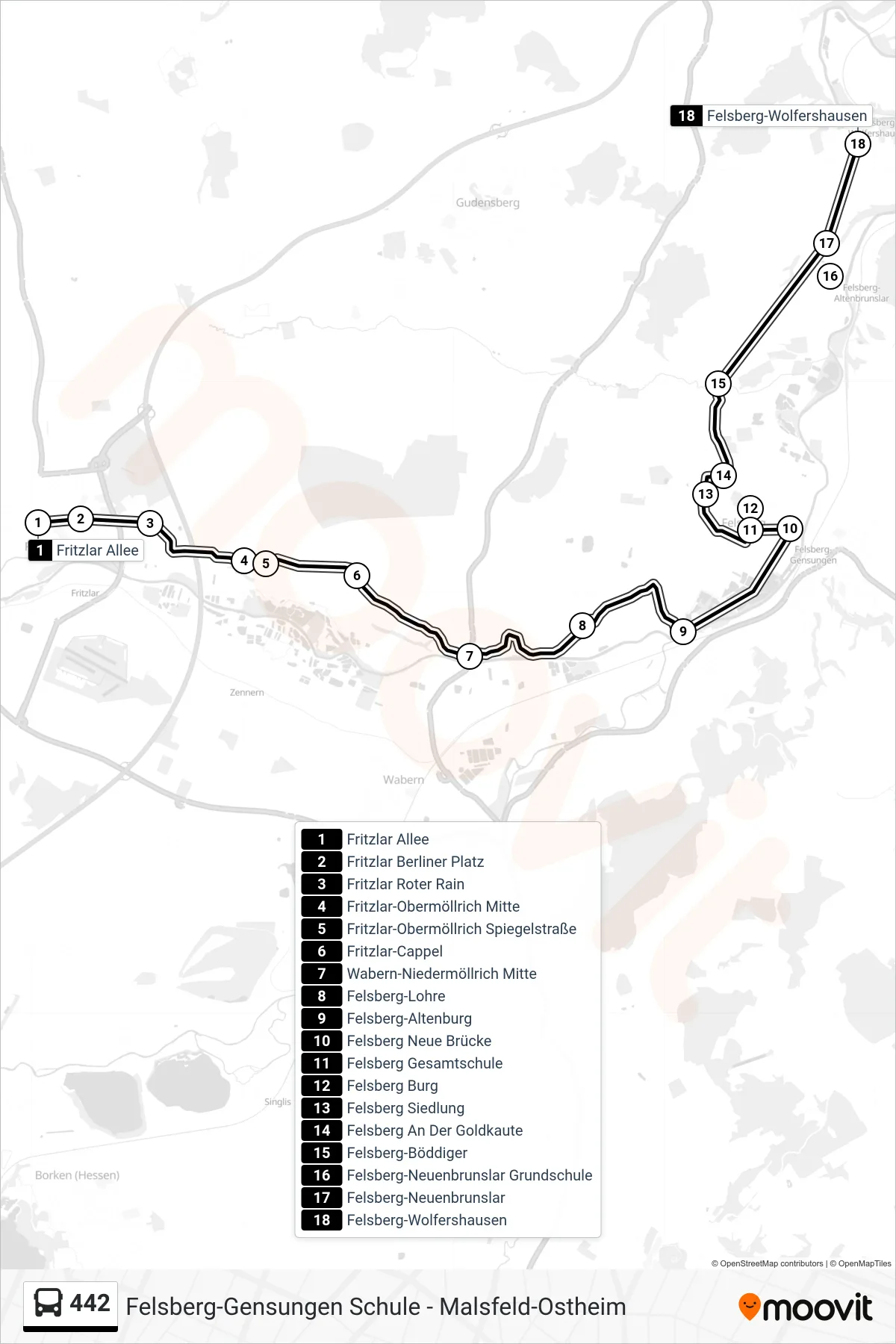 442 bus Line (Wolfershausen) route and stops on a map