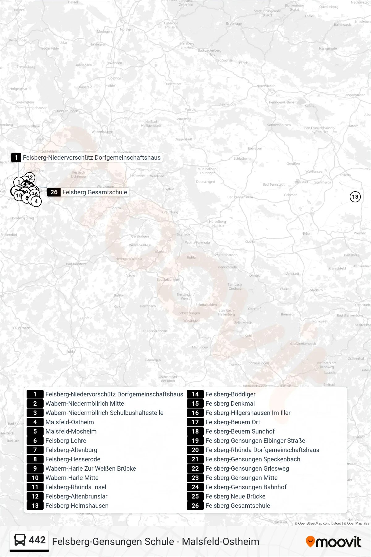442 bus Line (Felsberg Gesamtschule) route and stops on a map