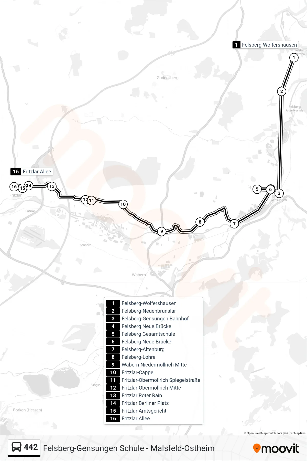 442 bus Line (Fritzlar Allee) route and stops on a map