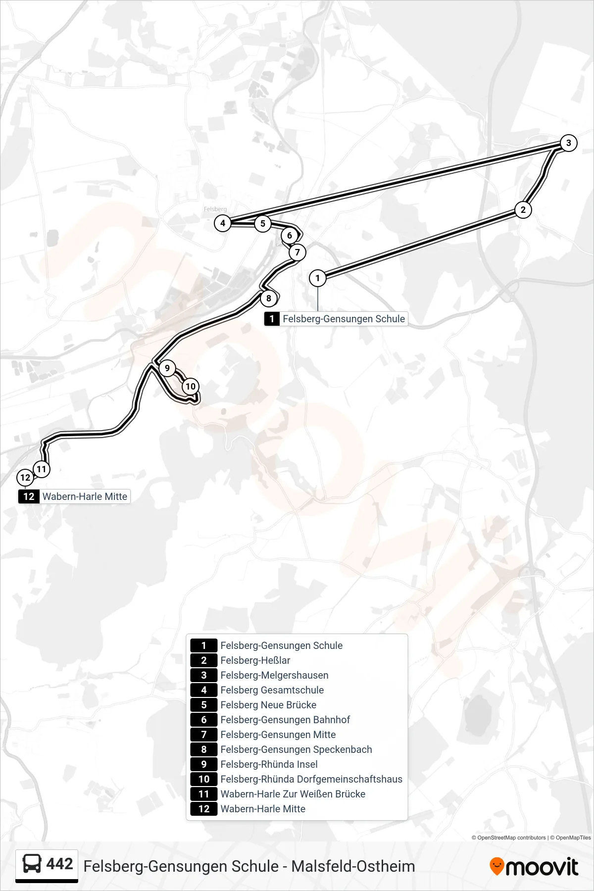 442 bus Line (Harle) route and stops on a map