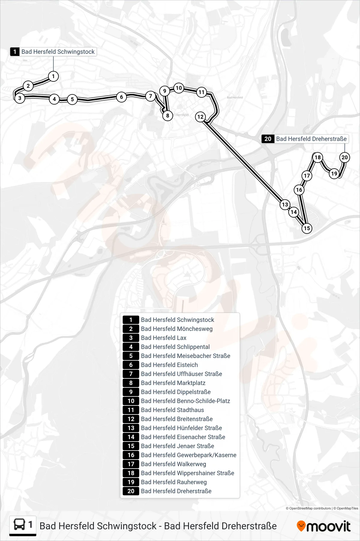 1 bus Line (Bad Hersfeld Dreherstraße) route and stops on a map