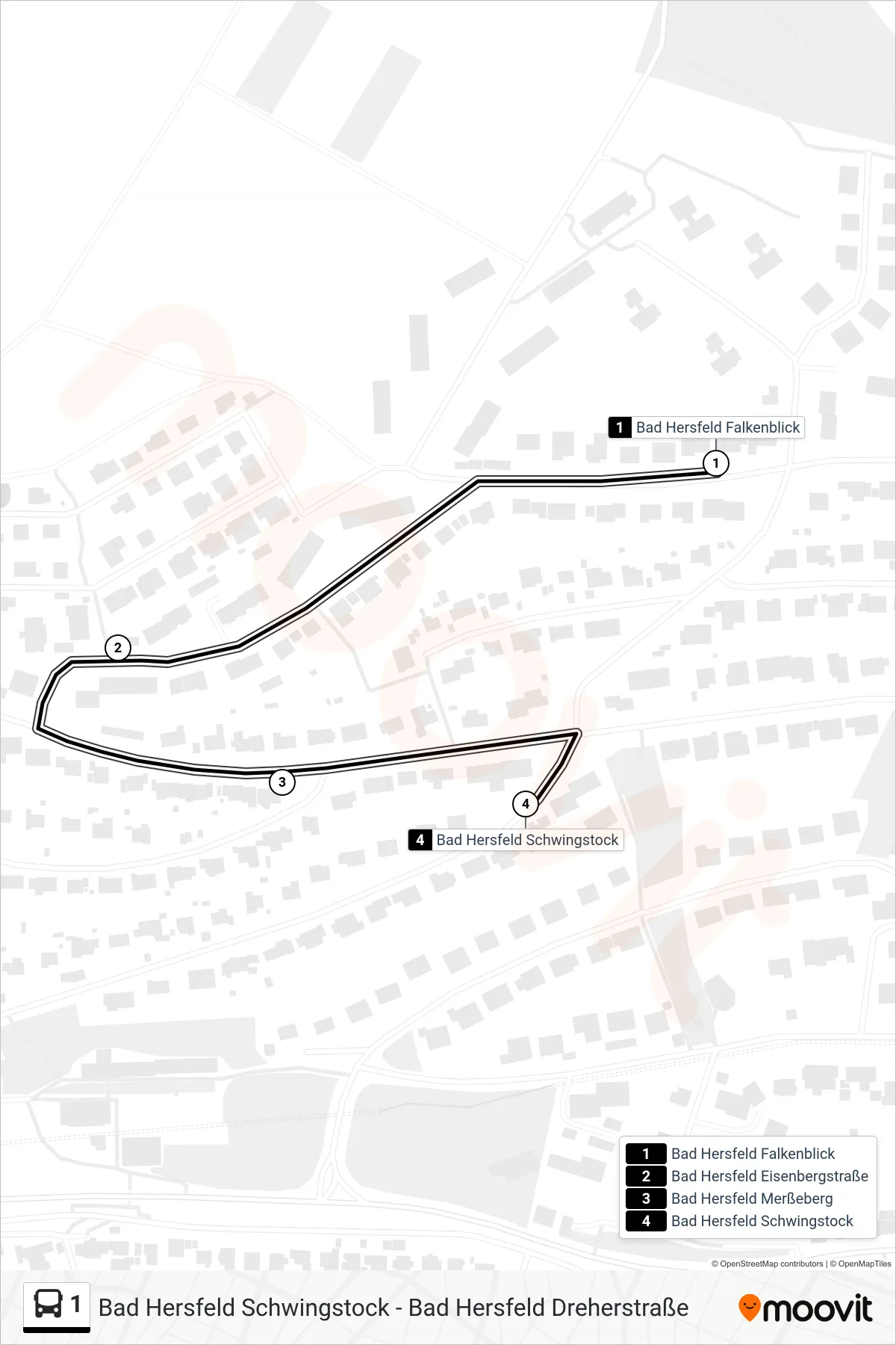 1 bus Line (Frauenberg) route and stops on a map