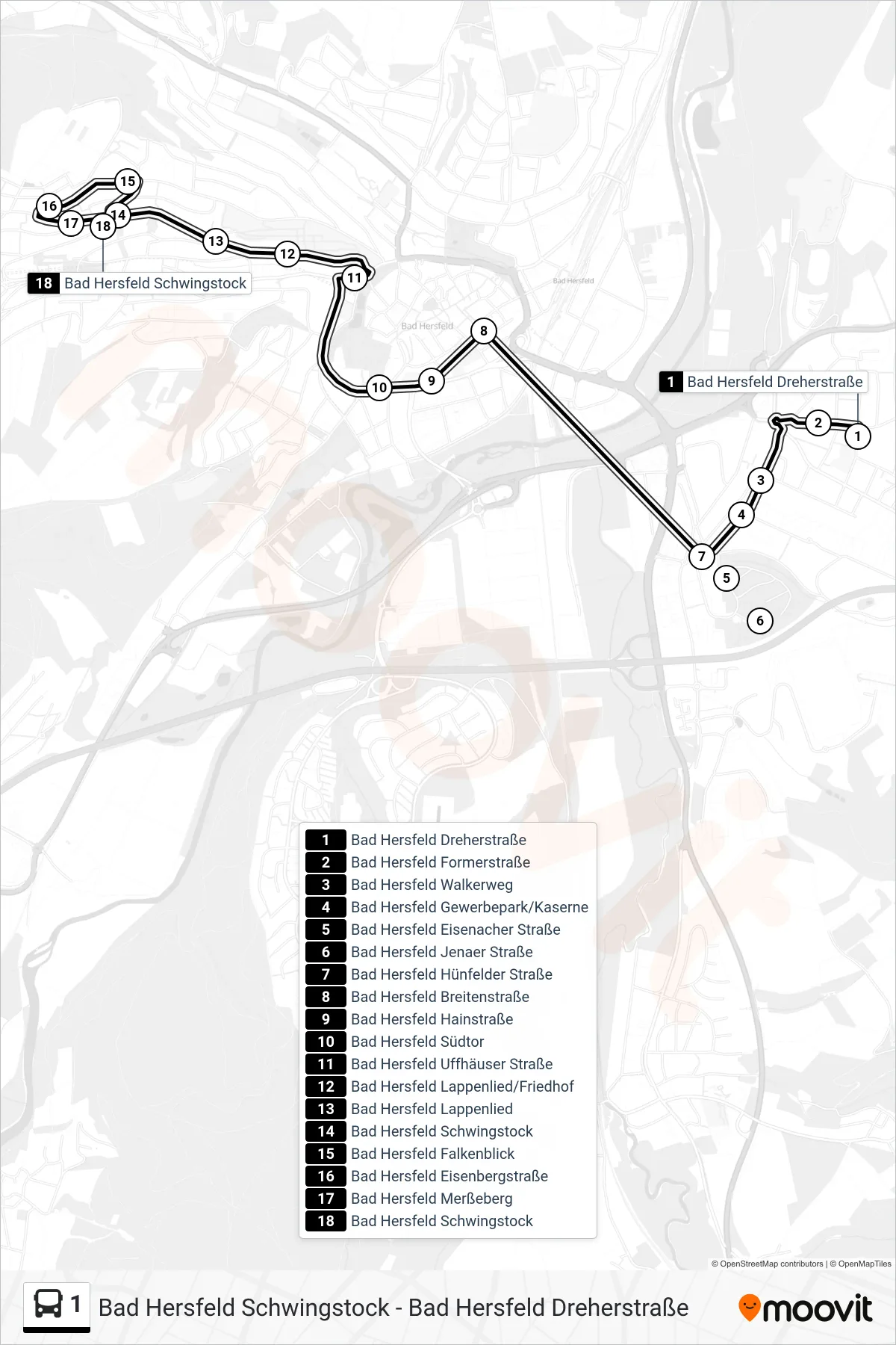 1 bus Line (Schwingstock) route and stops on a map
