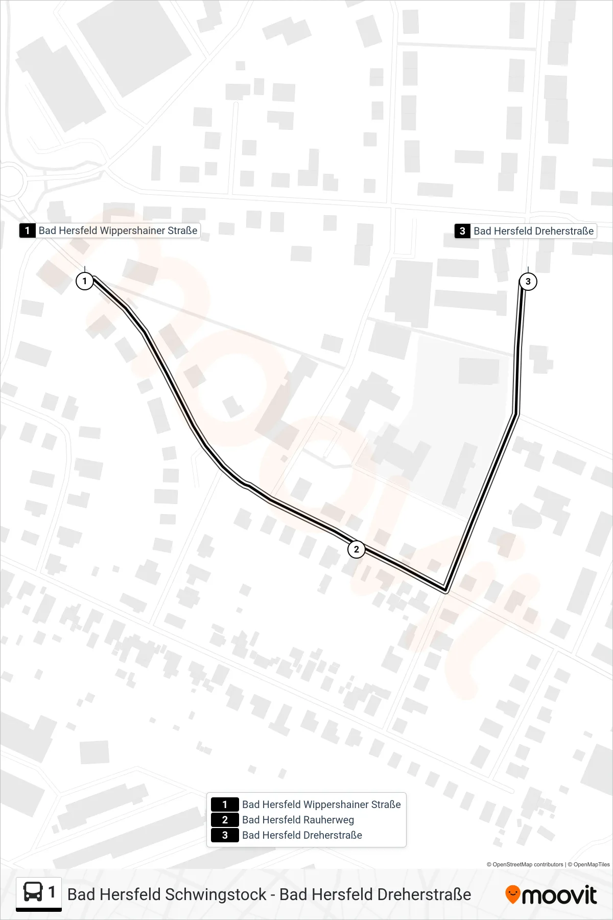 1 bus Line (Hohe Luft) route and stops on a map