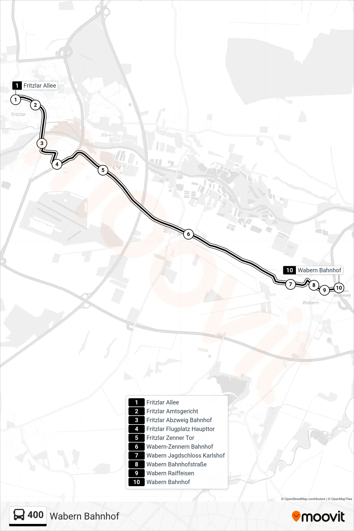 400 bus Line (Wabern Bahnhof) route and stops on a map
