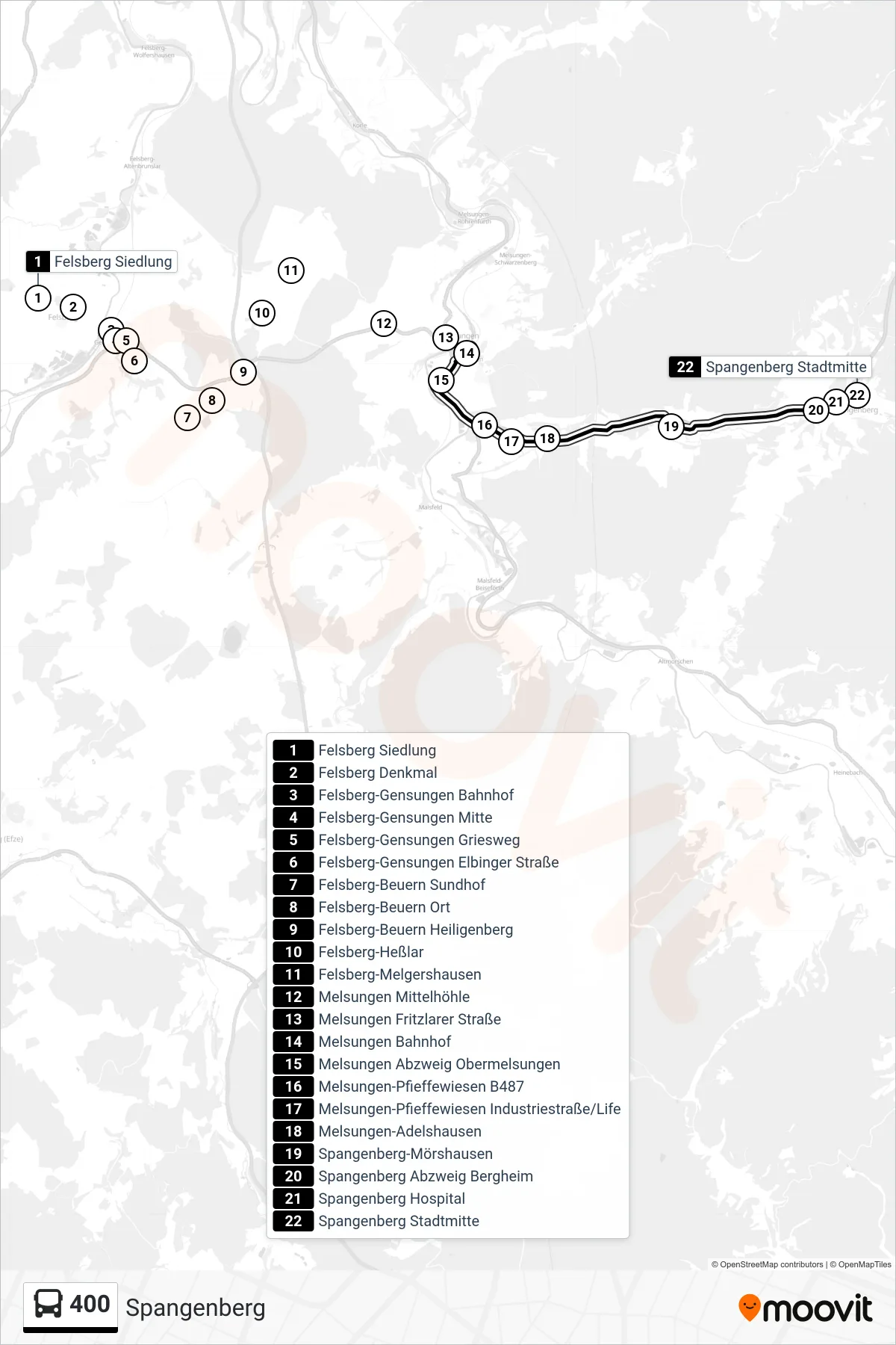 400 bus Line (Spangenberg) route and stops on a map