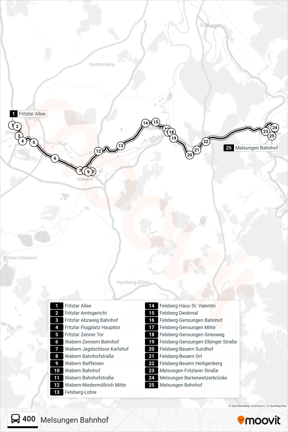 400 bus Line (Melsungen Bahnhof) route and stops on a map