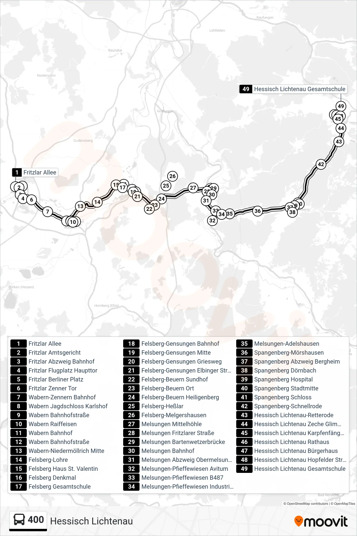 400 bus Line (Hessisch Lichtenau) route and stops on a map