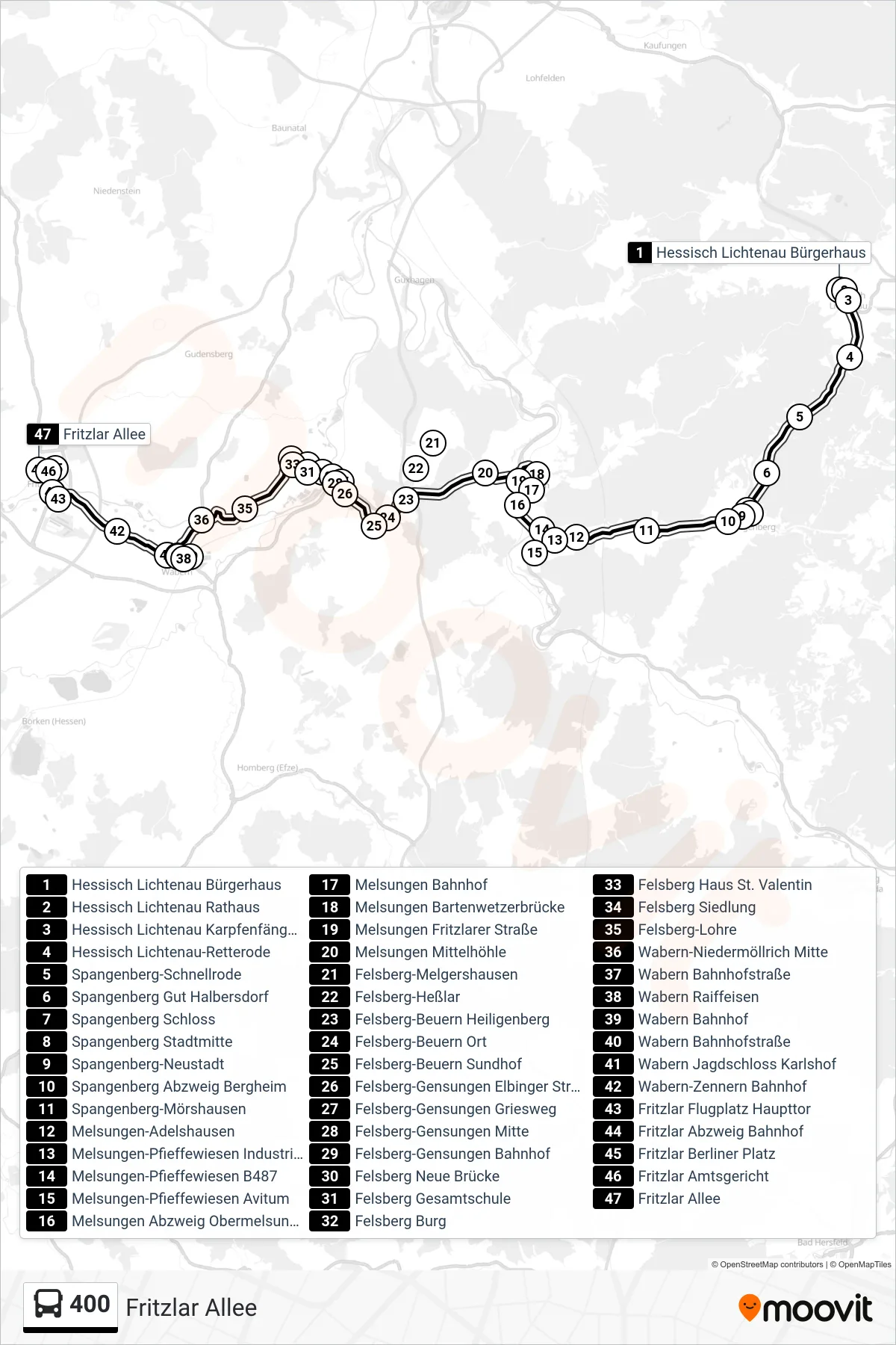 400 bus Line (Fritzlar Allee) route and stops on a map