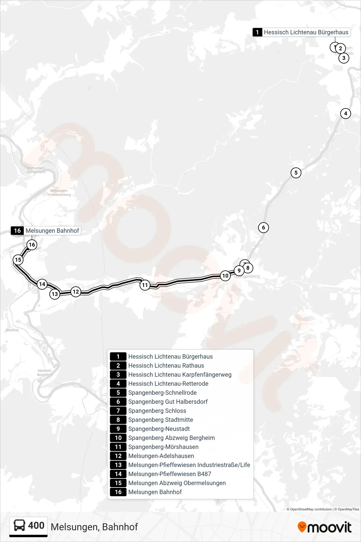 400 bus Line (Melsungen, Bahnhof) route and stops on a map