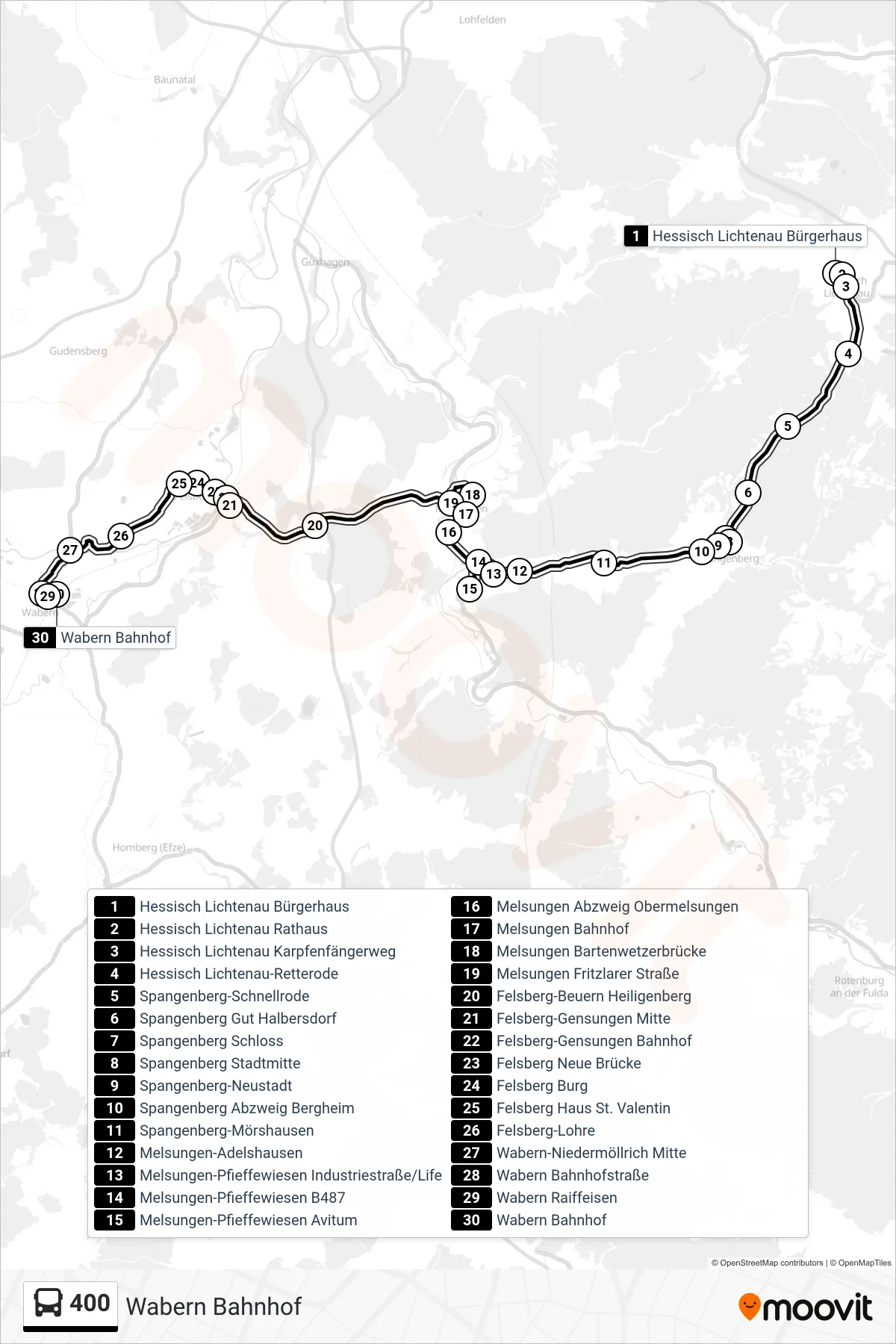 400 bus Line (Wabern Bahnhof) route and stops on a map