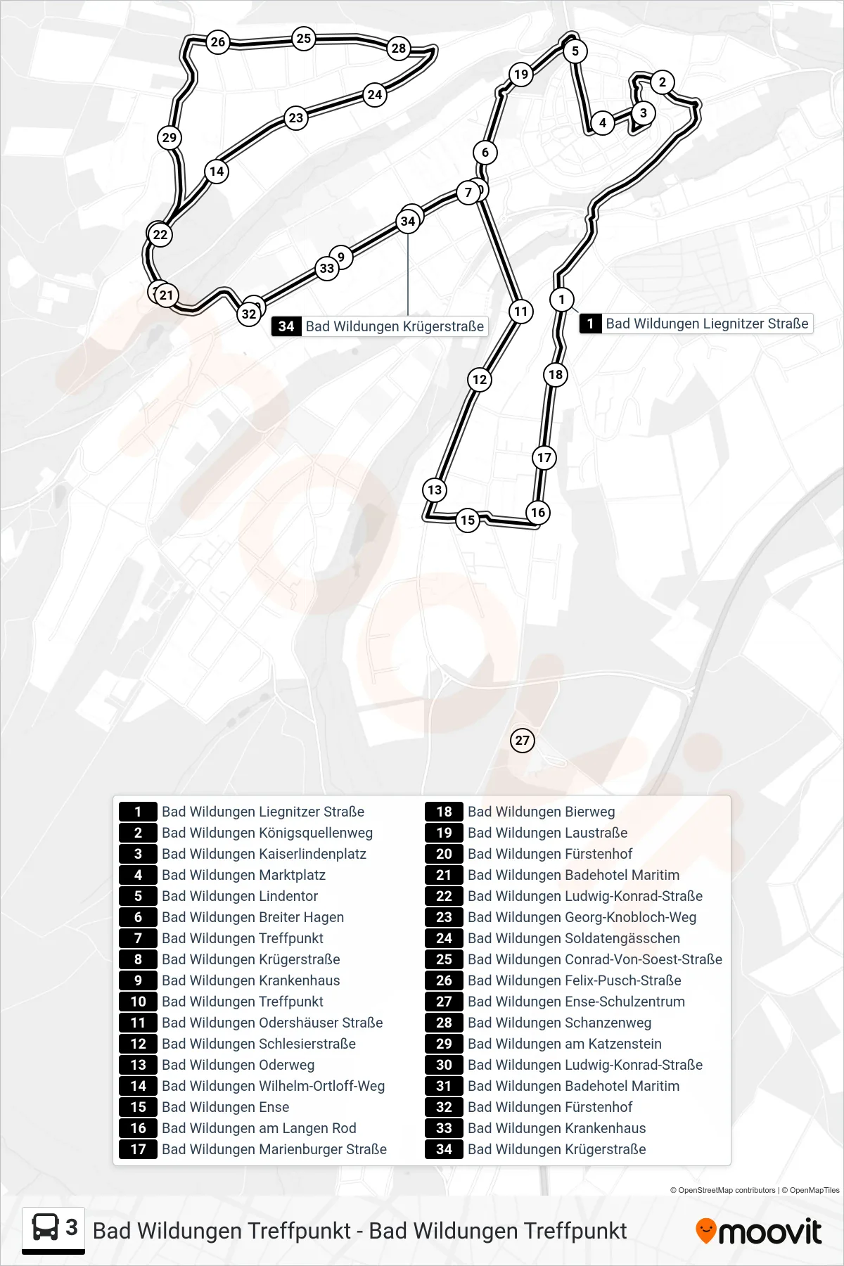 3 bus Line (Bad Wildungen Treffpunkt) route and stops on a map